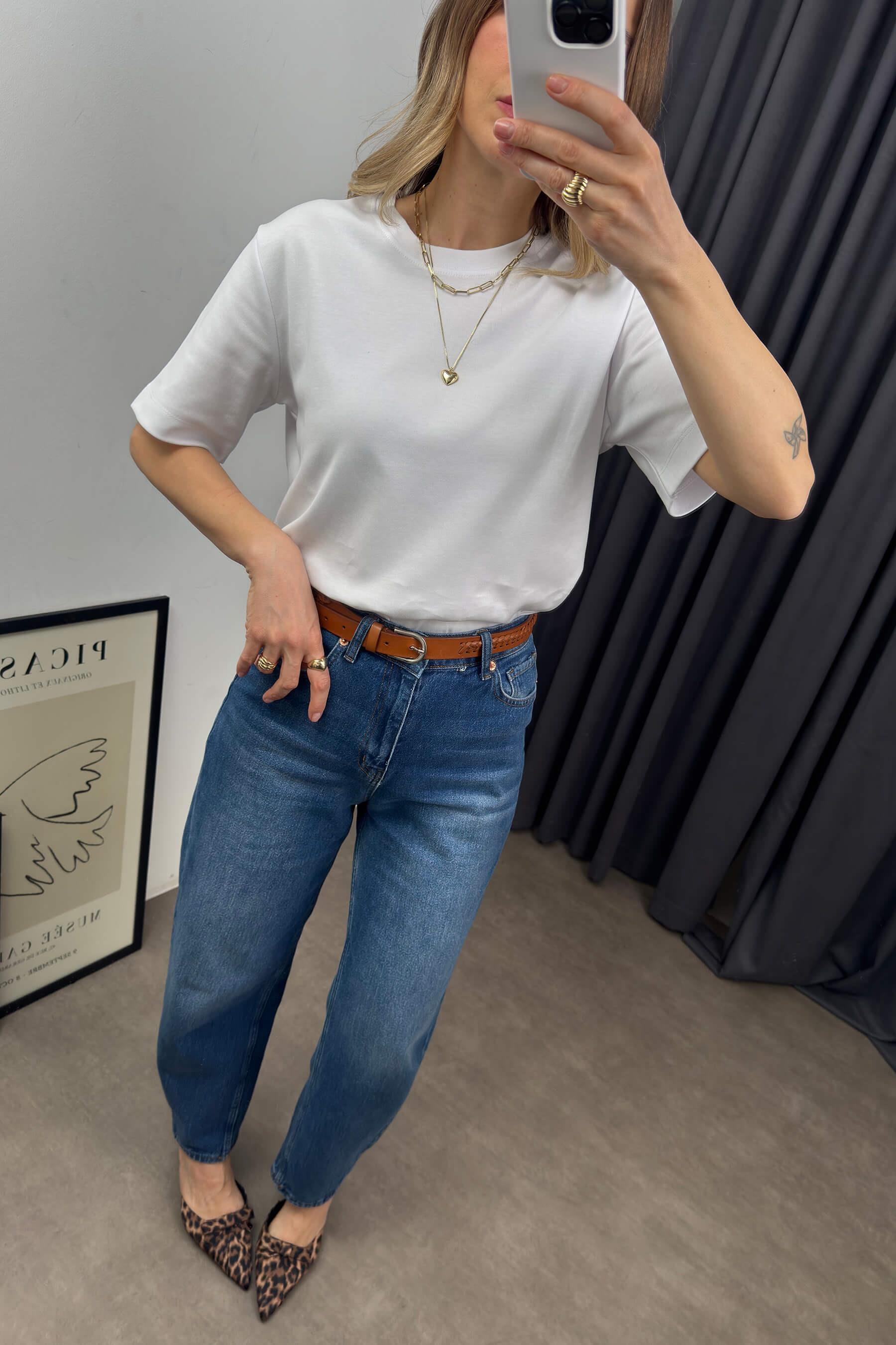 Beyaz Bisiklet Yaka Premium Oversize Pamuk T-Shirt