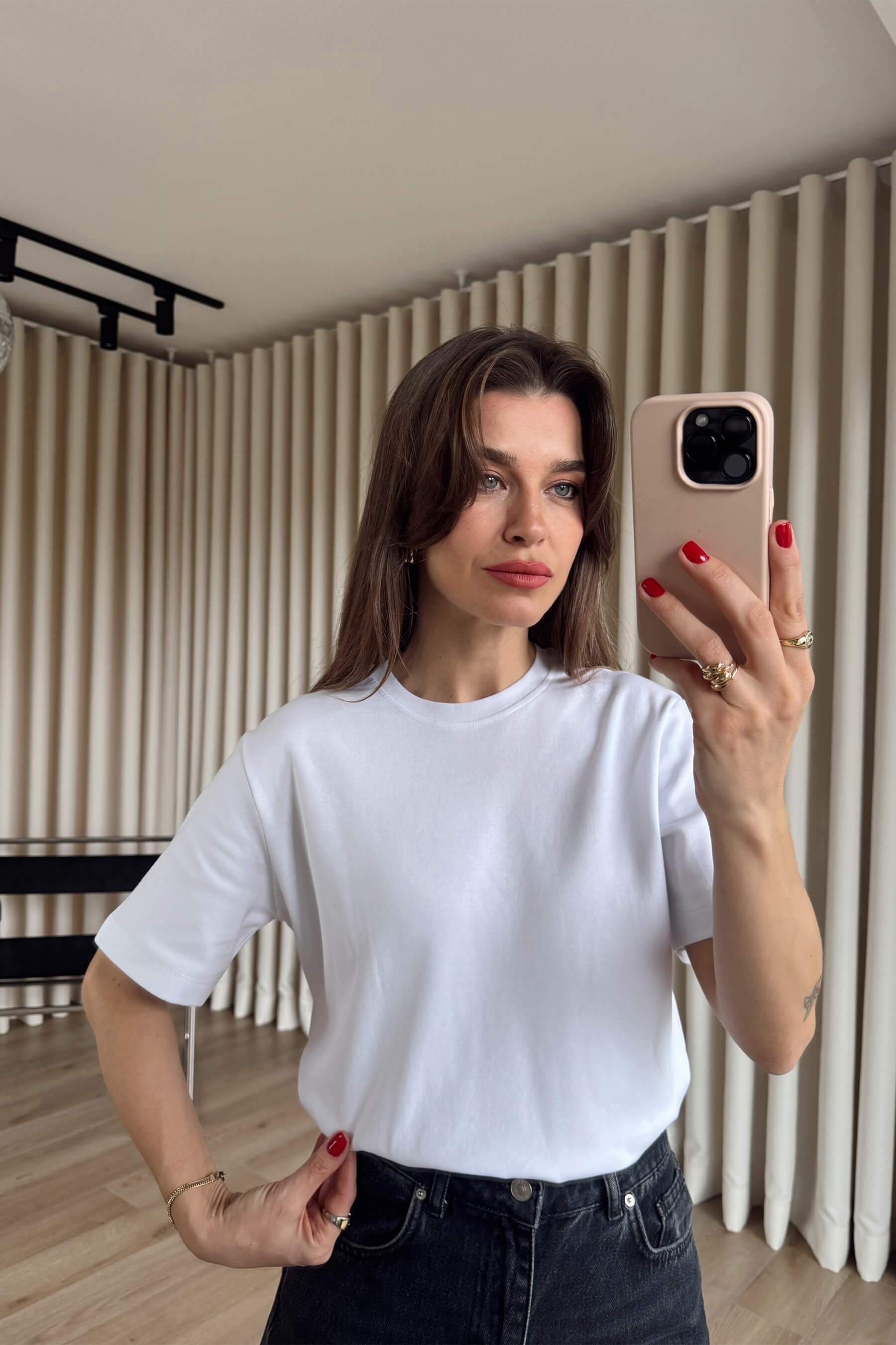 Beyaz Bisiklet Yaka Premium Oversize Pamuk T-Shirt