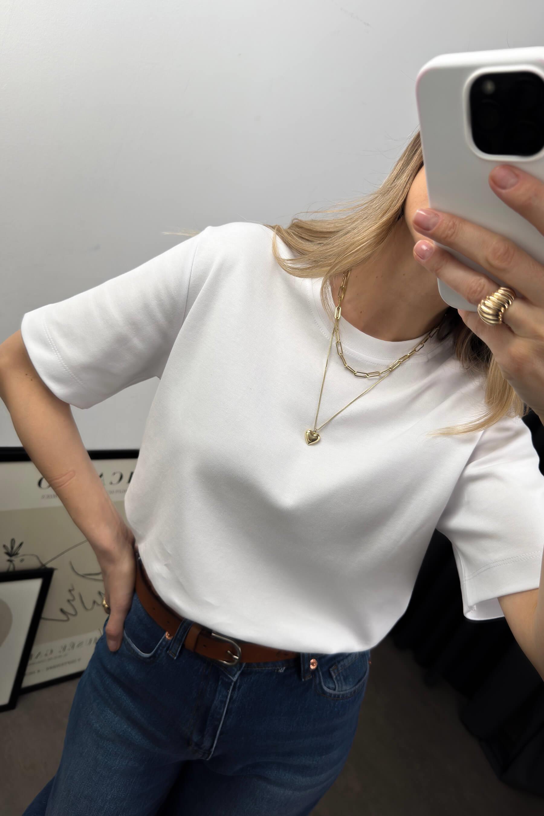 Beyaz Bisiklet Yaka Premium Oversize Pamuk T-Shirt