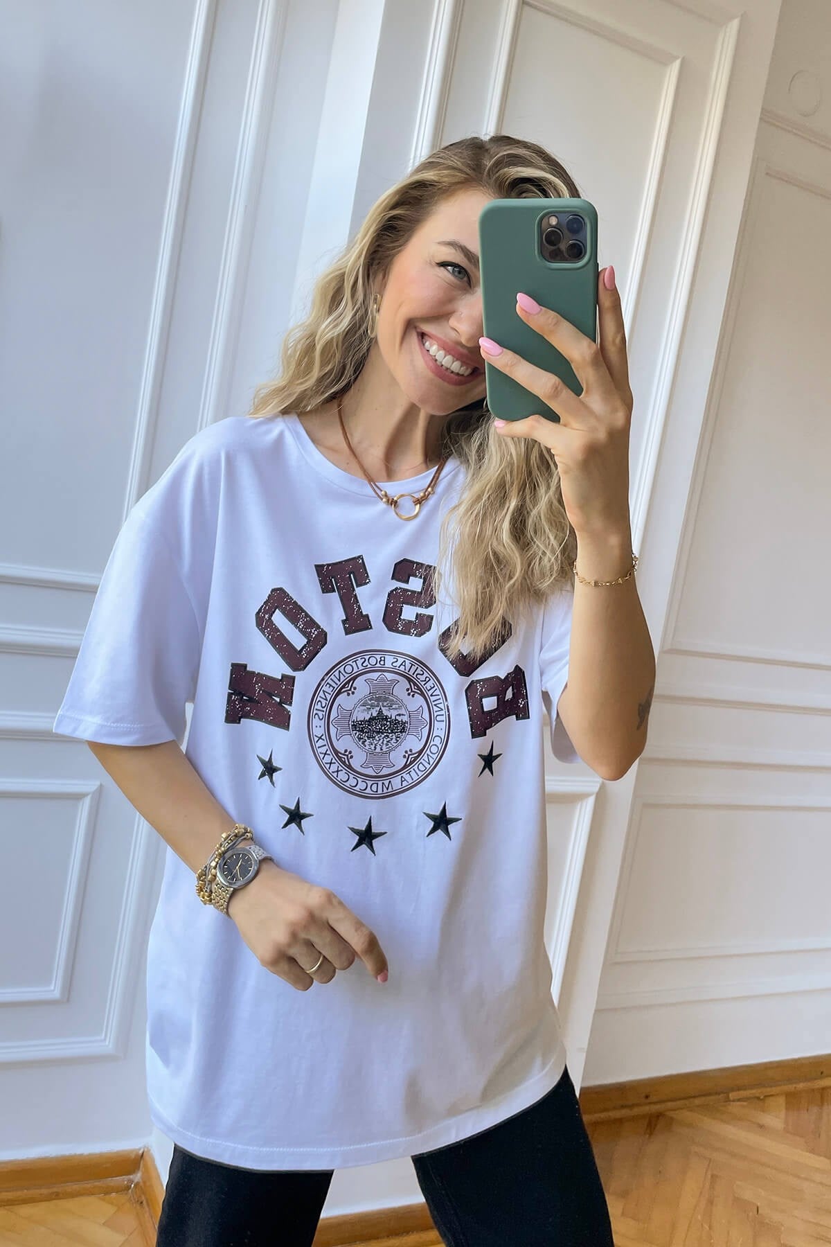 Beyaz Boston Baskı T-Shirt