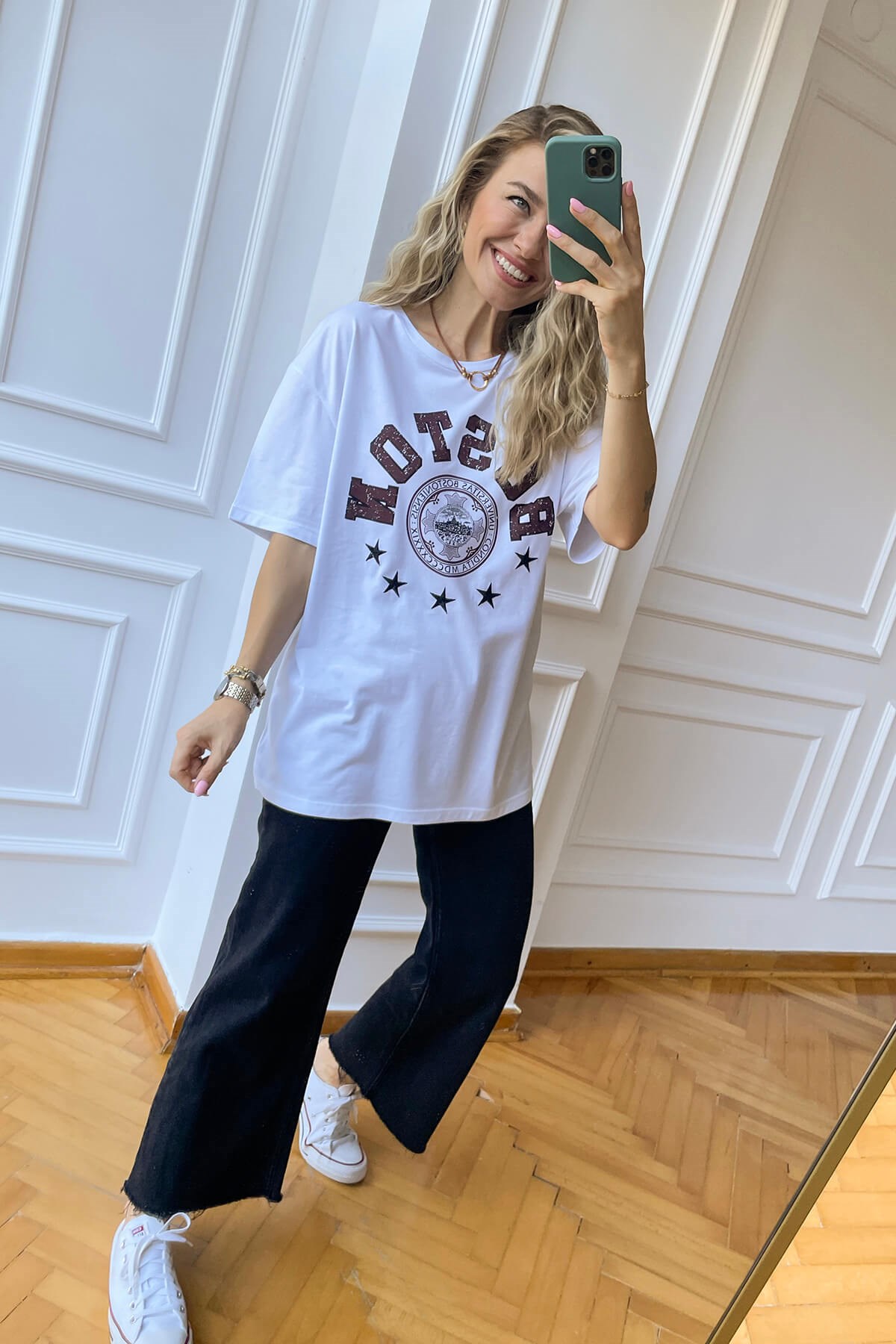 Beyaz Boston Baskı T-Shirt
