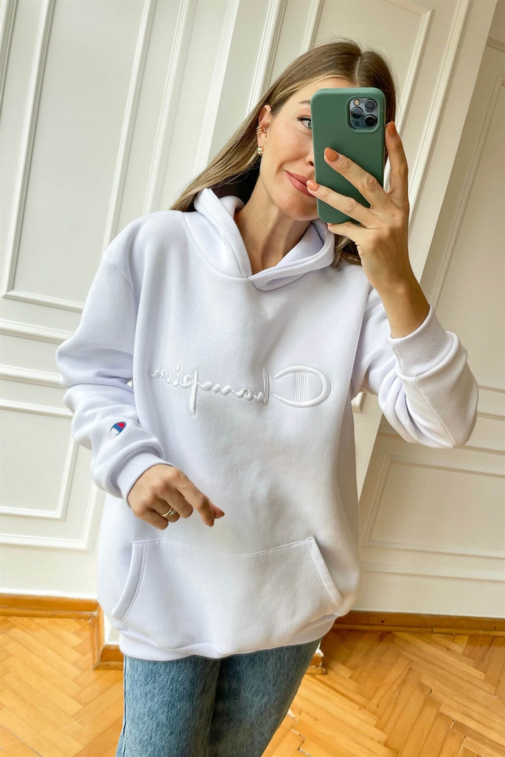 Beyaz Champion Kapşonlu Sweatshirt