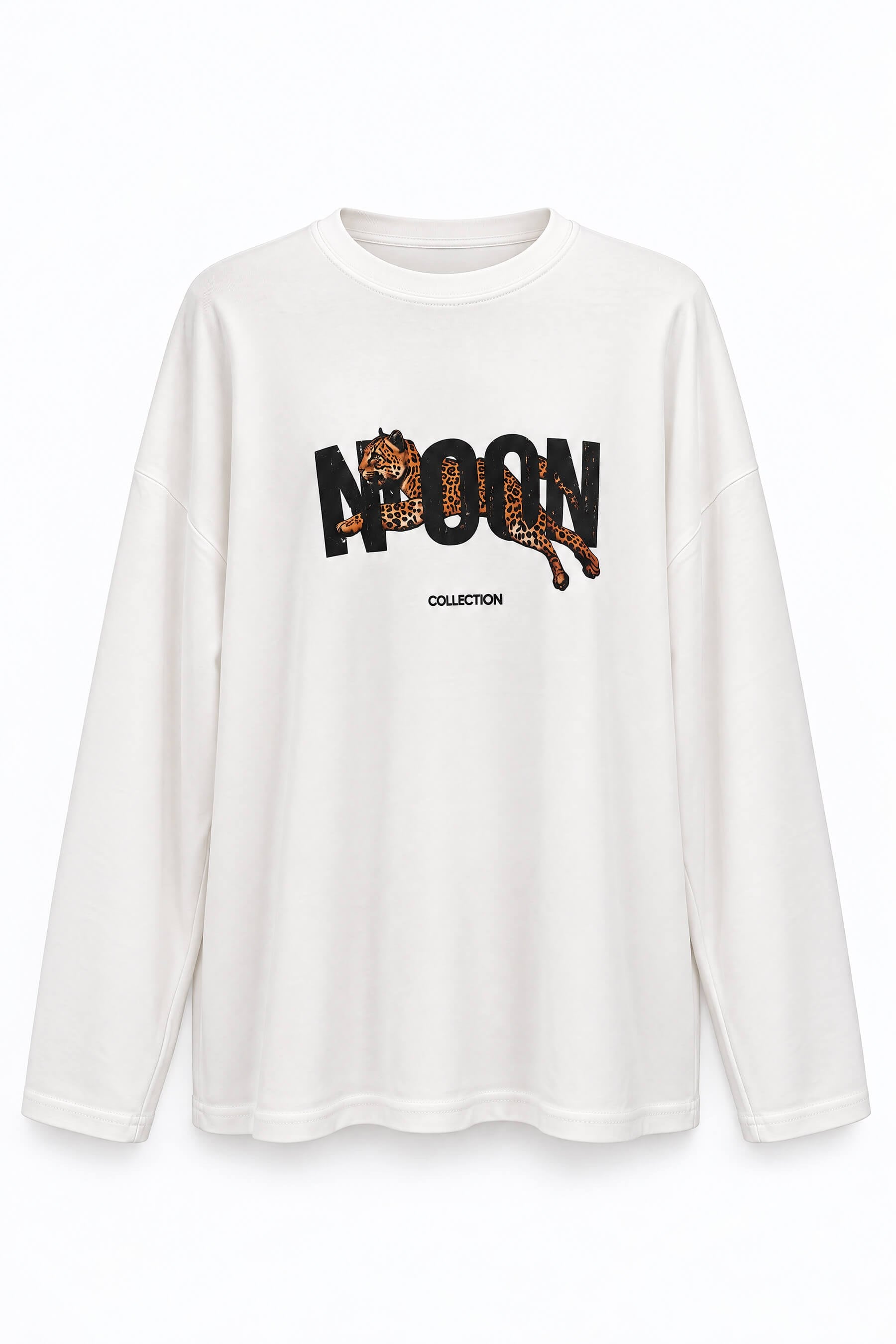 Beyaz Cheetah Baskılı İnce Sweatshirt