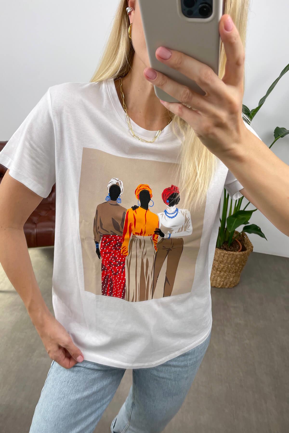 Beyaz Kadın Baskılı T-Shirt