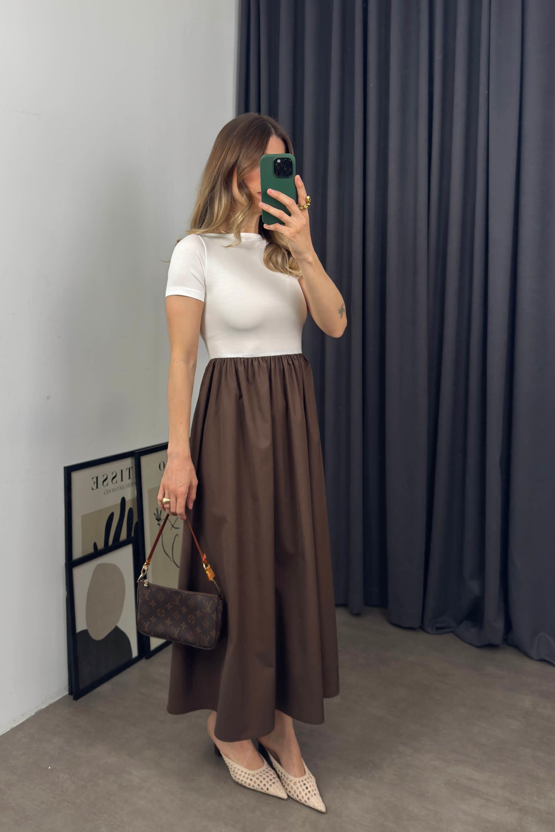 Beyaz Kahve Çan Etekli Kısa Kollu Elbise