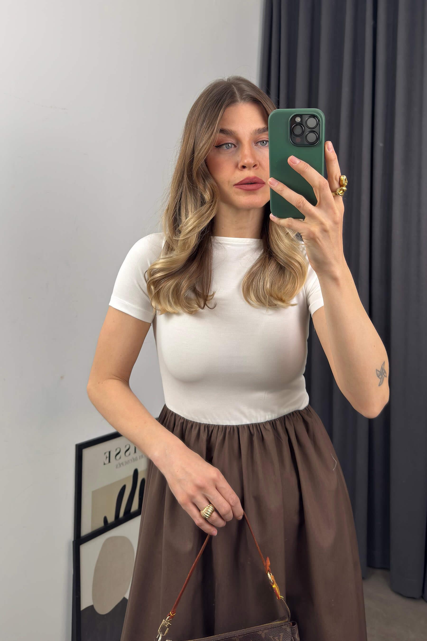 Beyaz Kahve Çan Etekli Kısa Kollu Elbise