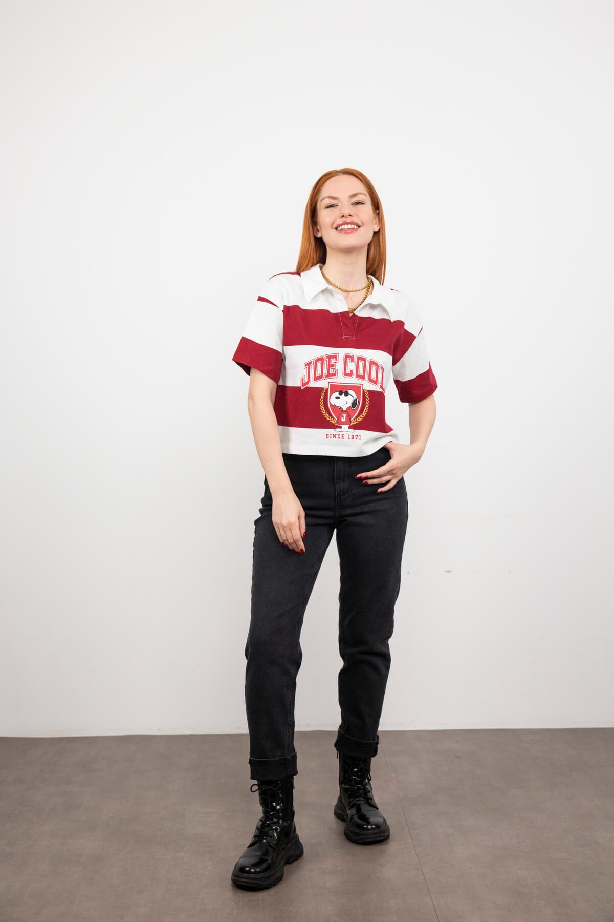 Beyaz Kırmızı Çizgili Polo Yaka Crop T-Shirt