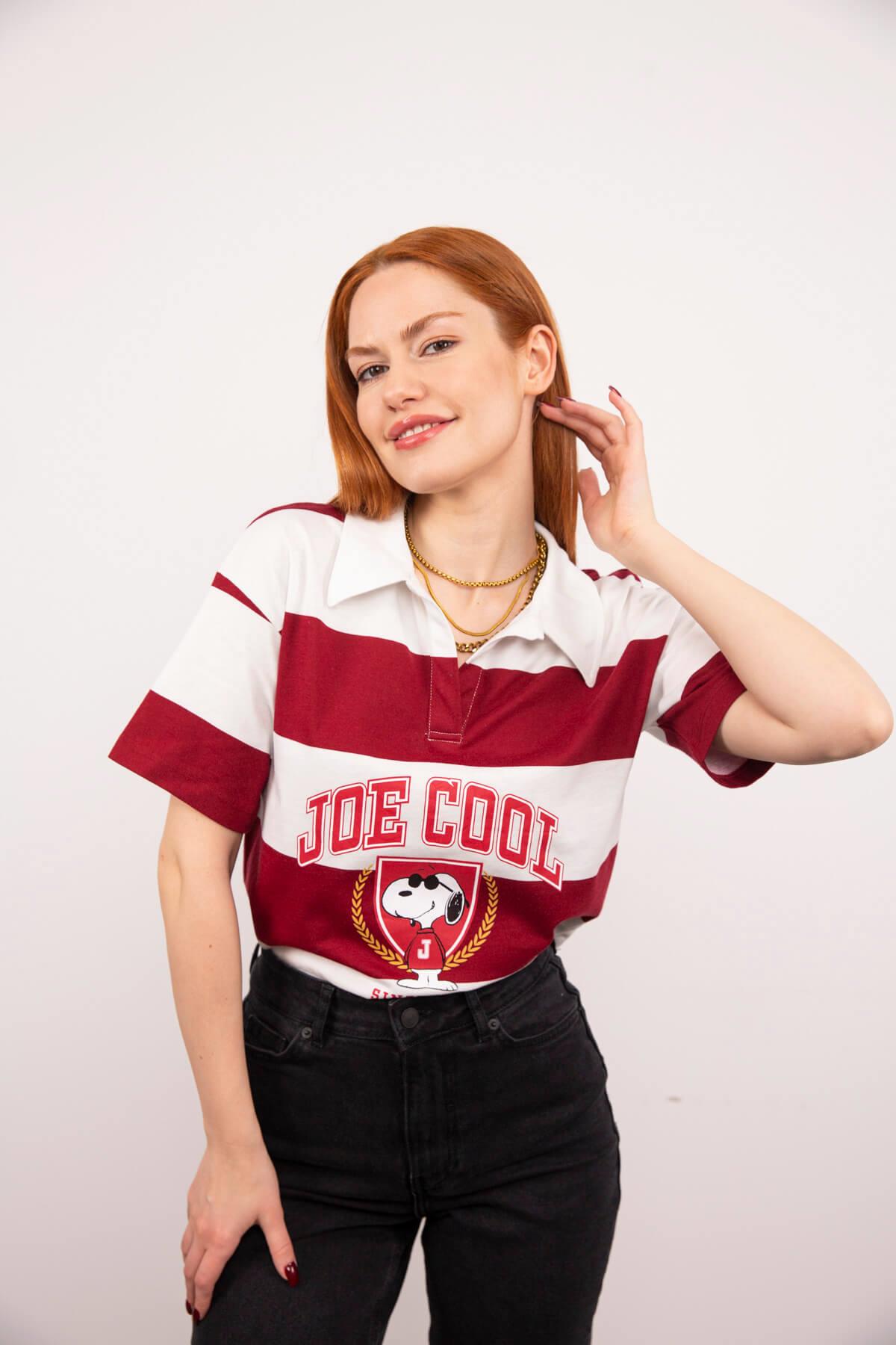Beyaz Kırmızı Çizgili Polo Yaka Crop T-Shirt