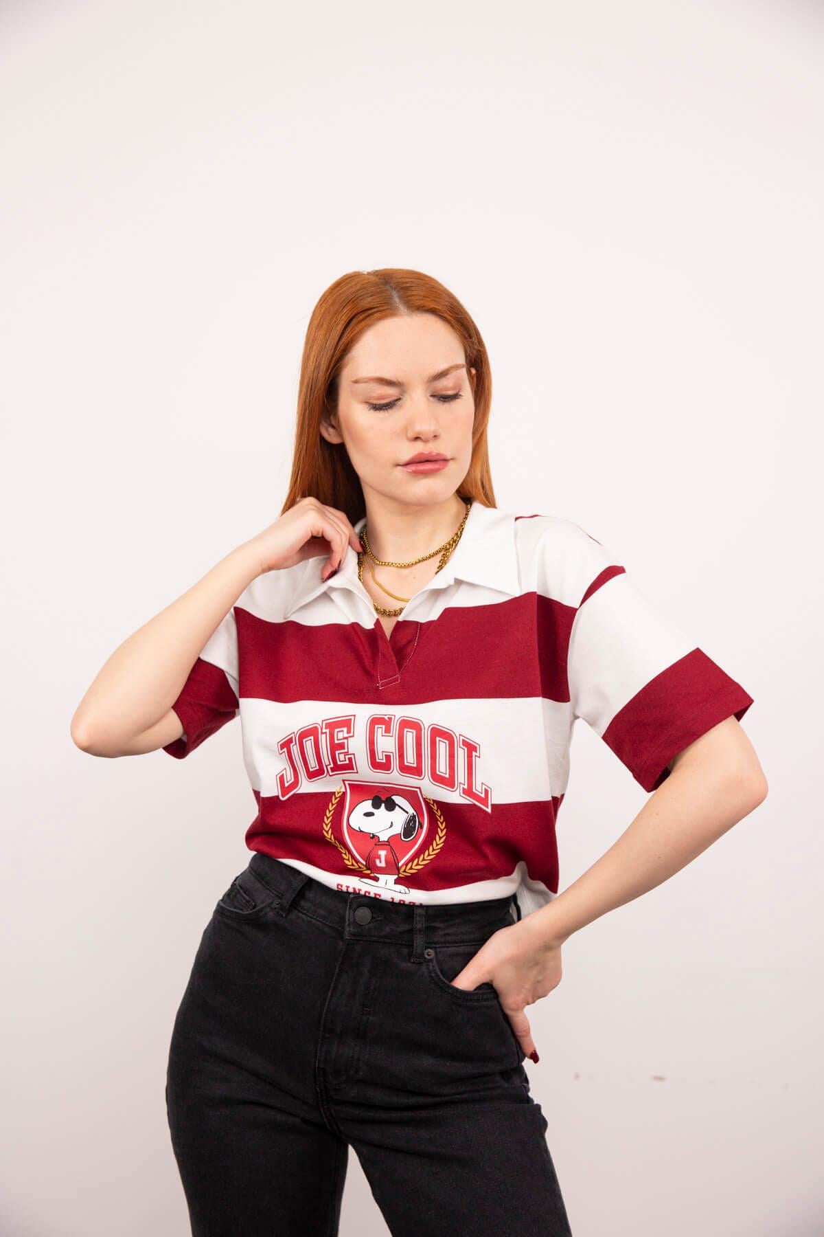Beyaz Kırmızı Çizgili Polo Yaka Crop T-Shirt