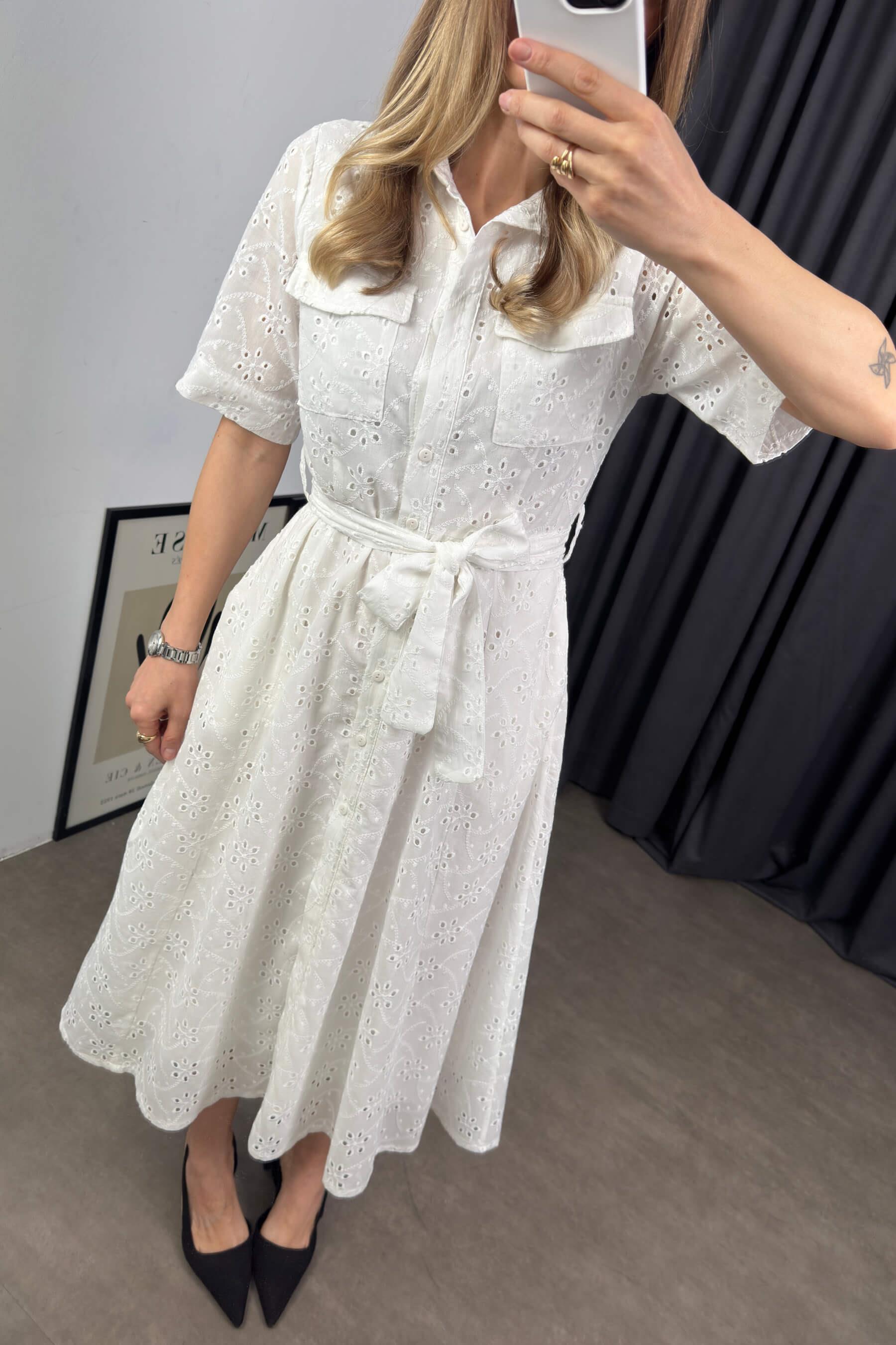 Beyaz Kısa Kollu Astarlı Kuşaklı Cepli Fisto Gömlek Elbise