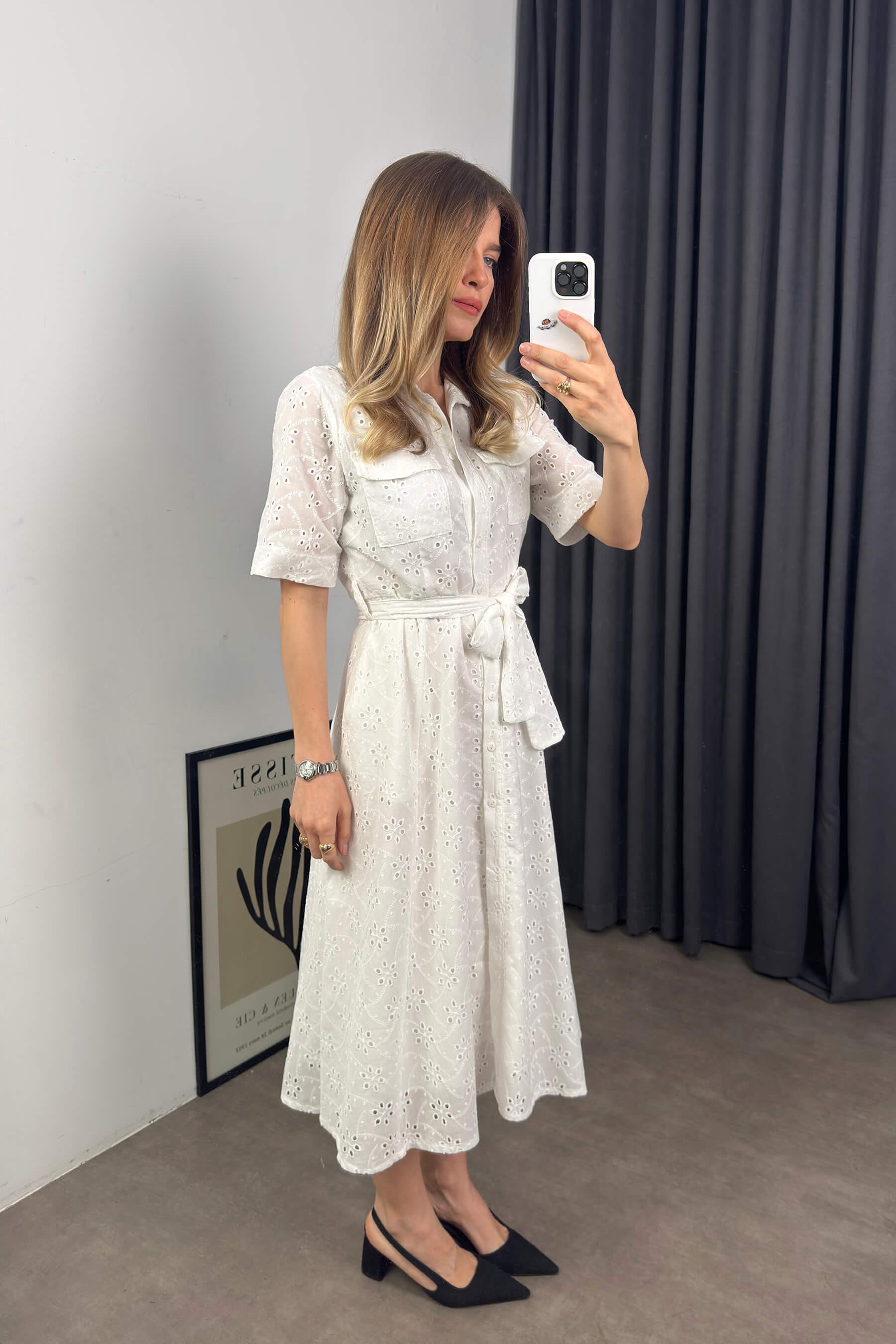 Beyaz Kısa Kollu Astarlı Kuşaklı Cepli Fisto Gömlek Elbise