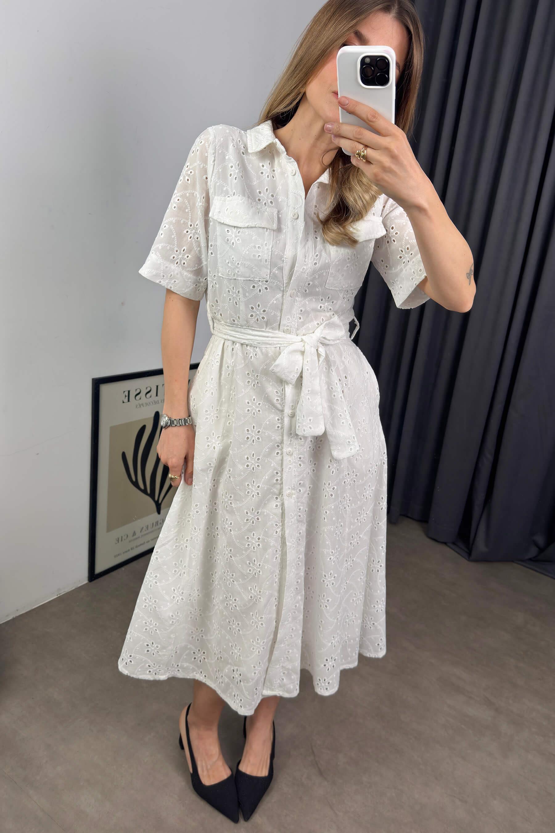 Beyaz Kısa Kollu Astarlı Kuşaklı Cepli Fisto Gömlek Elbise