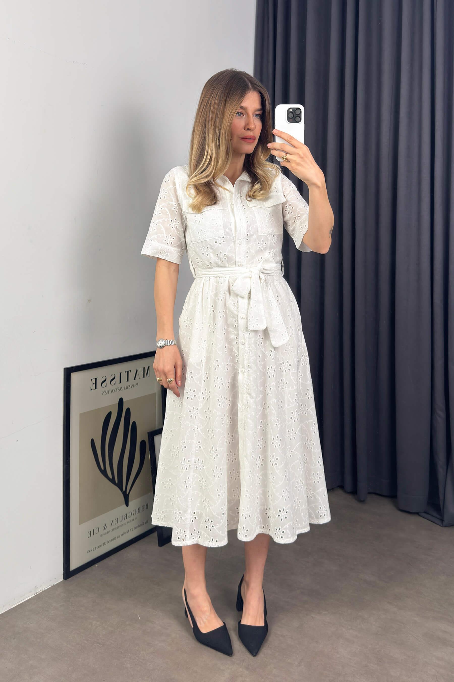 Beyaz Kısa Kollu Astarlı Kuşaklı Cepli Fisto Gömlek Elbise