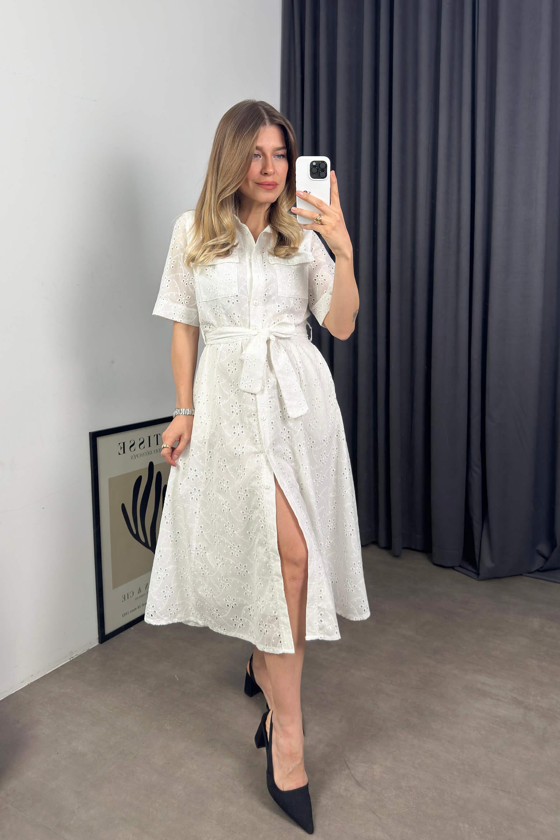 Beyaz Kısa Kollu Astarlı Kuşaklı Cepli Fisto Gömlek Elbise