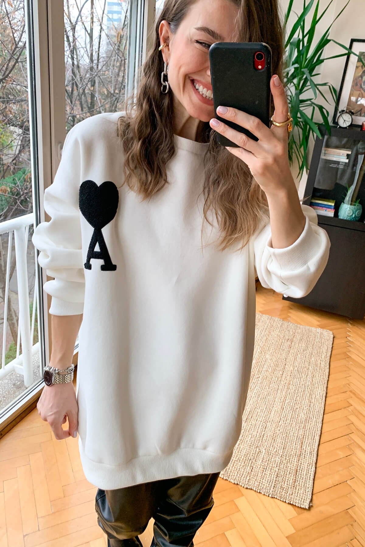 Beyaz Kupa As Baskı Salaş Sweatshirt