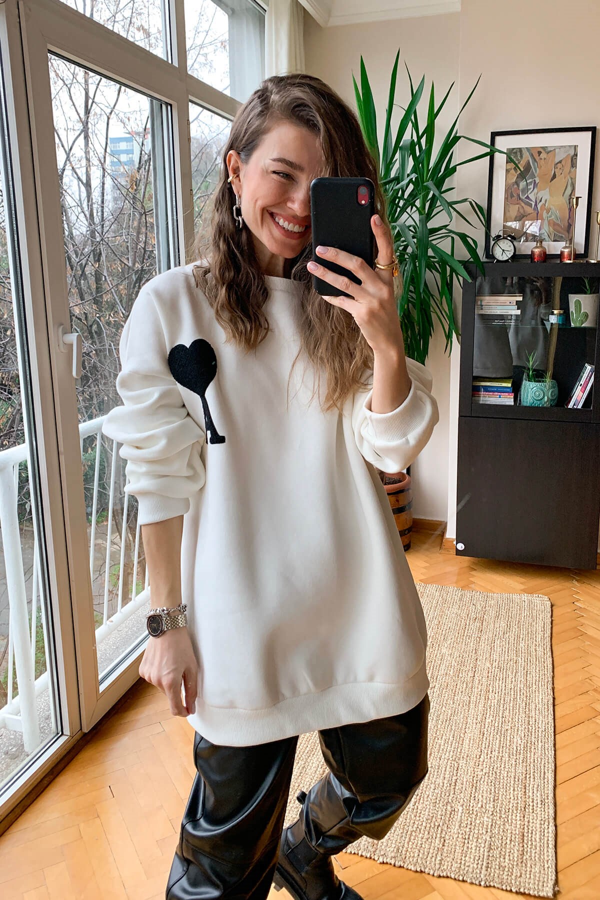 Beyaz Kupa As Baskı Salaş Sweatshirt
