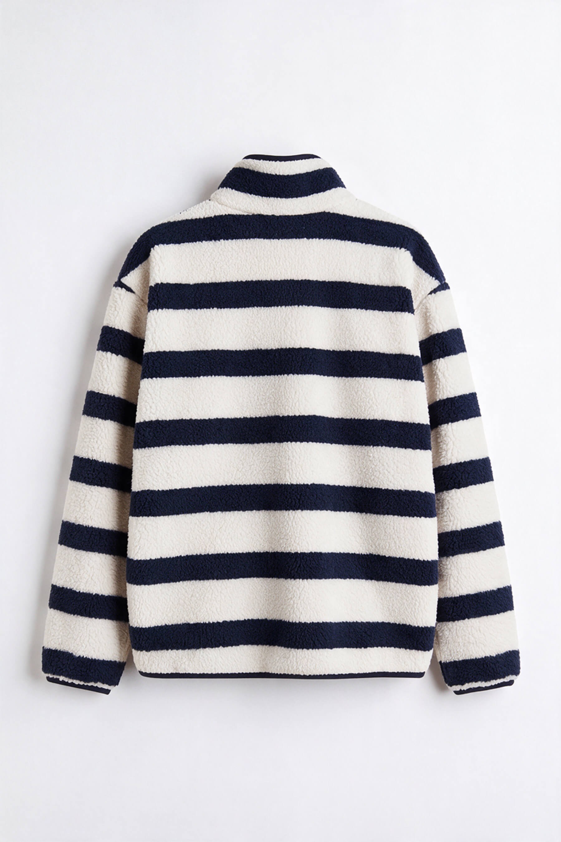 Beyaz Lacivert Çizgili Fermuarlı Oversize Peluş Sweatshirt