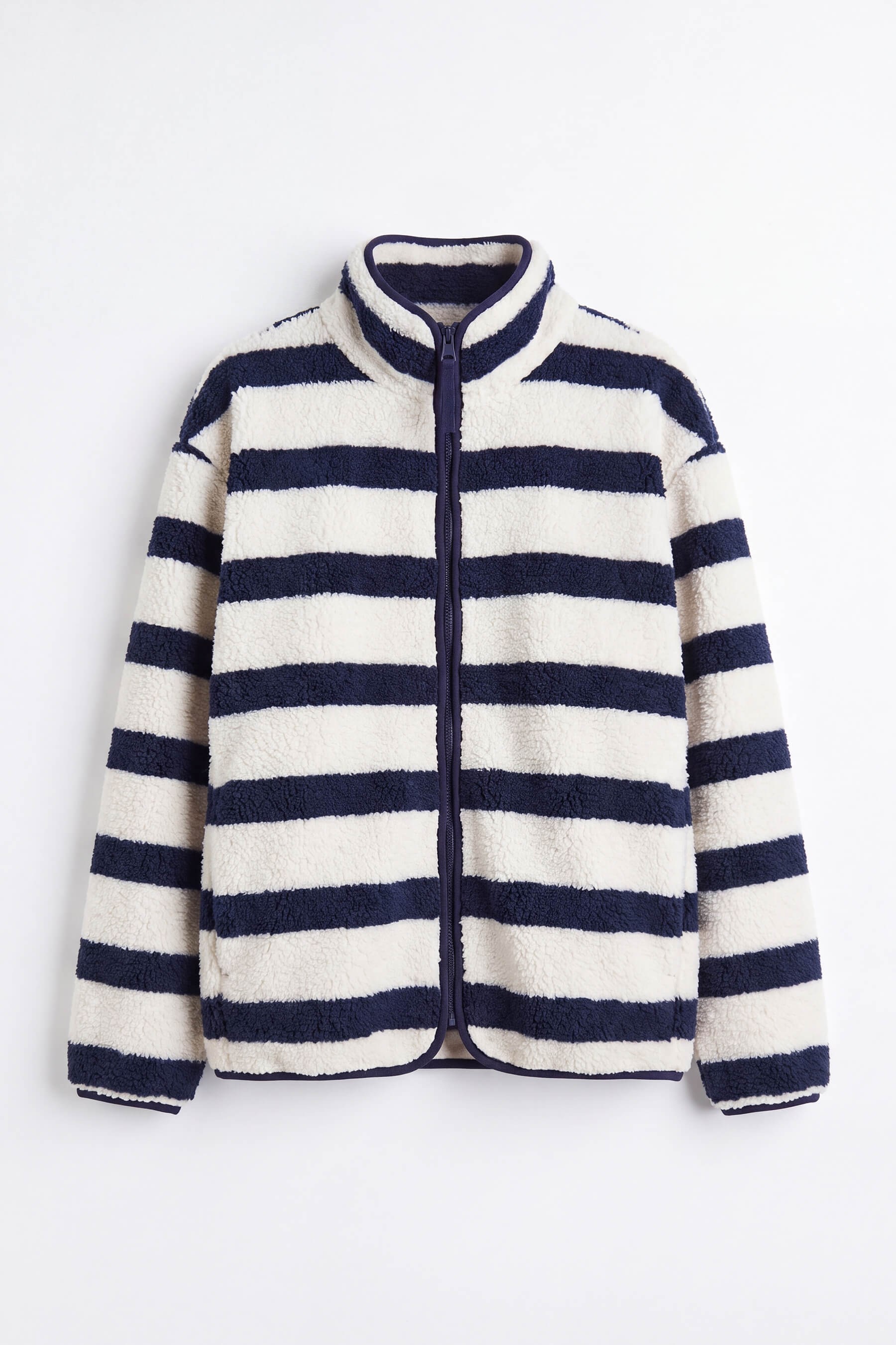Beyaz Lacivert Çizgili Fermuarlı Oversize Peluş Sweatshirt