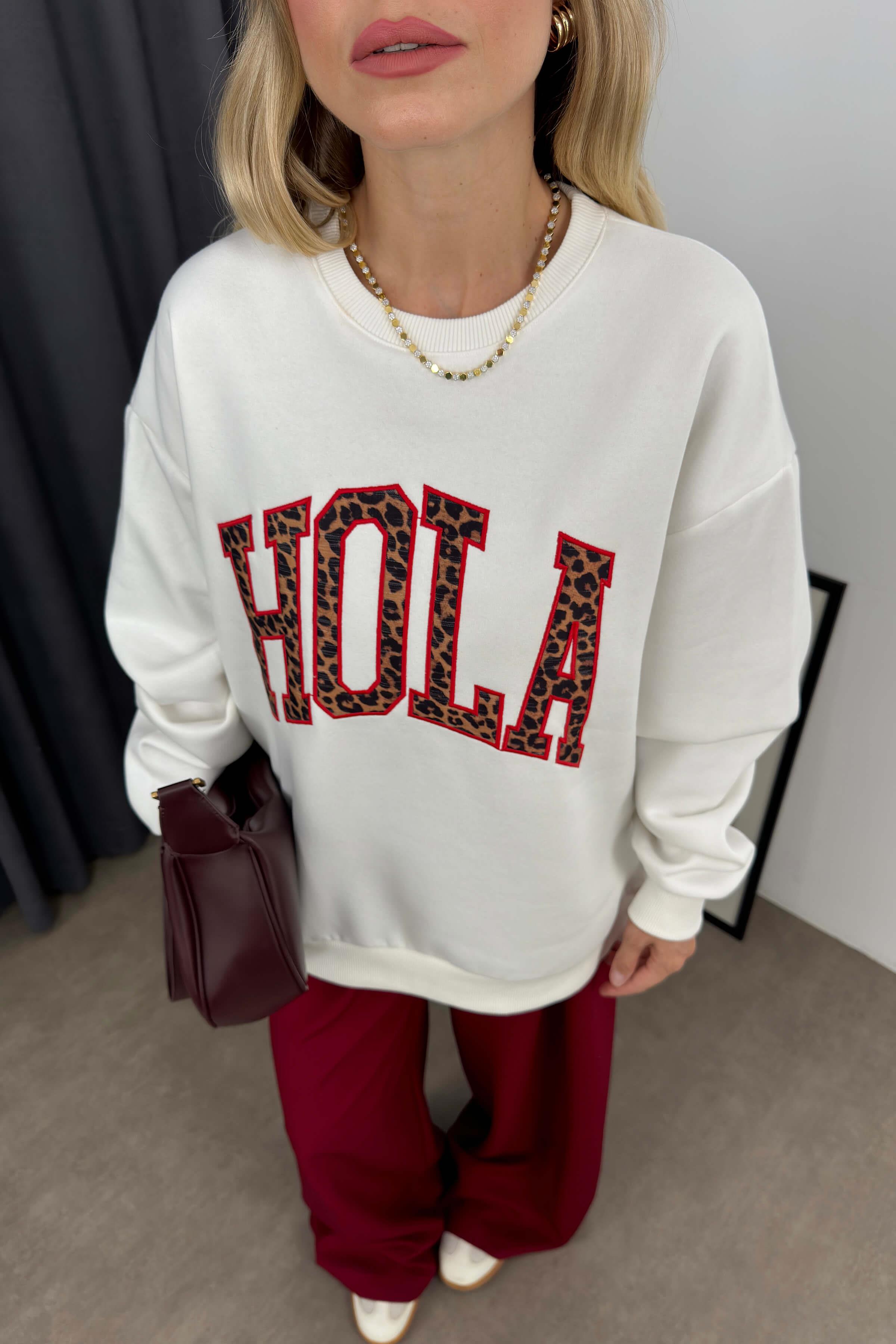 Beyaz Leopar Yazılı Oversize Sweatshirt