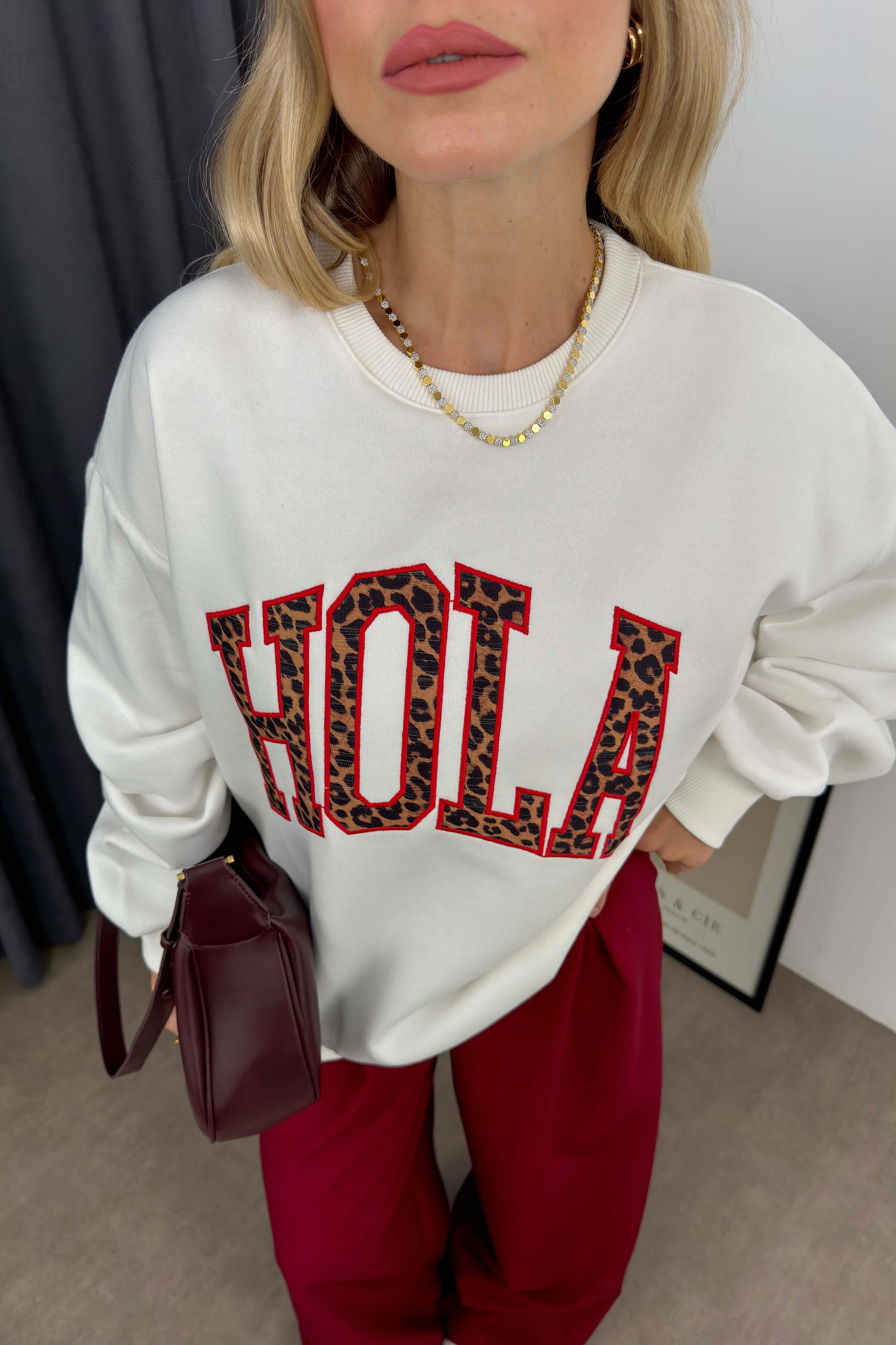 Beyaz Leopar Yazılı Oversize Sweatshirt