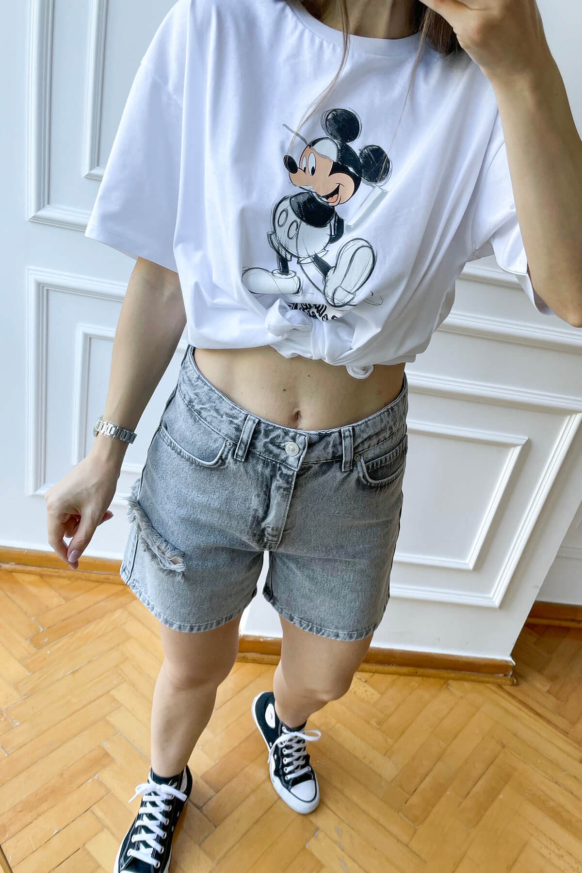 Beyaz Mickey Baskılı T-Shirt