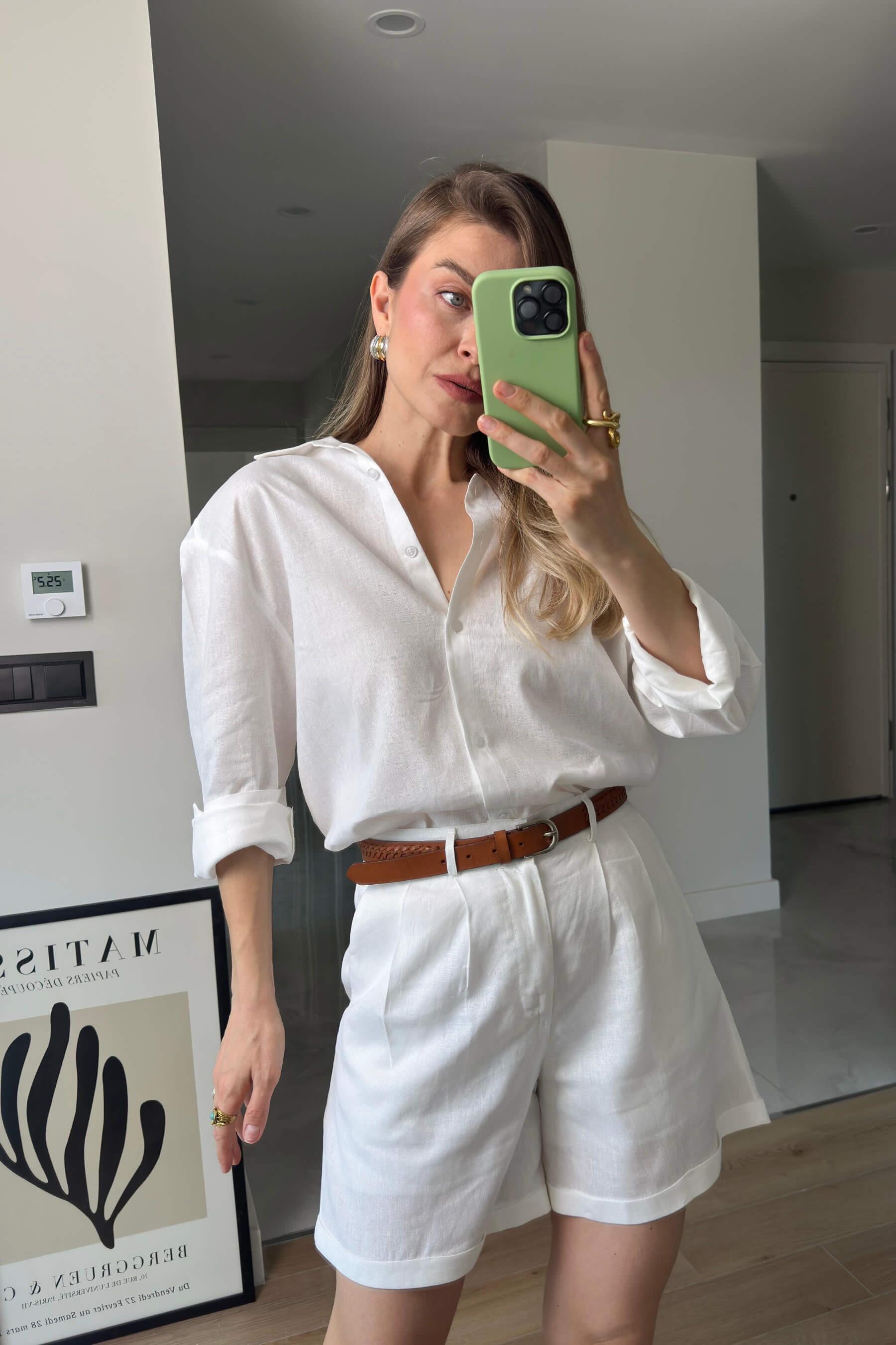 Beyaz Premium Kuşaklı Keten Şort