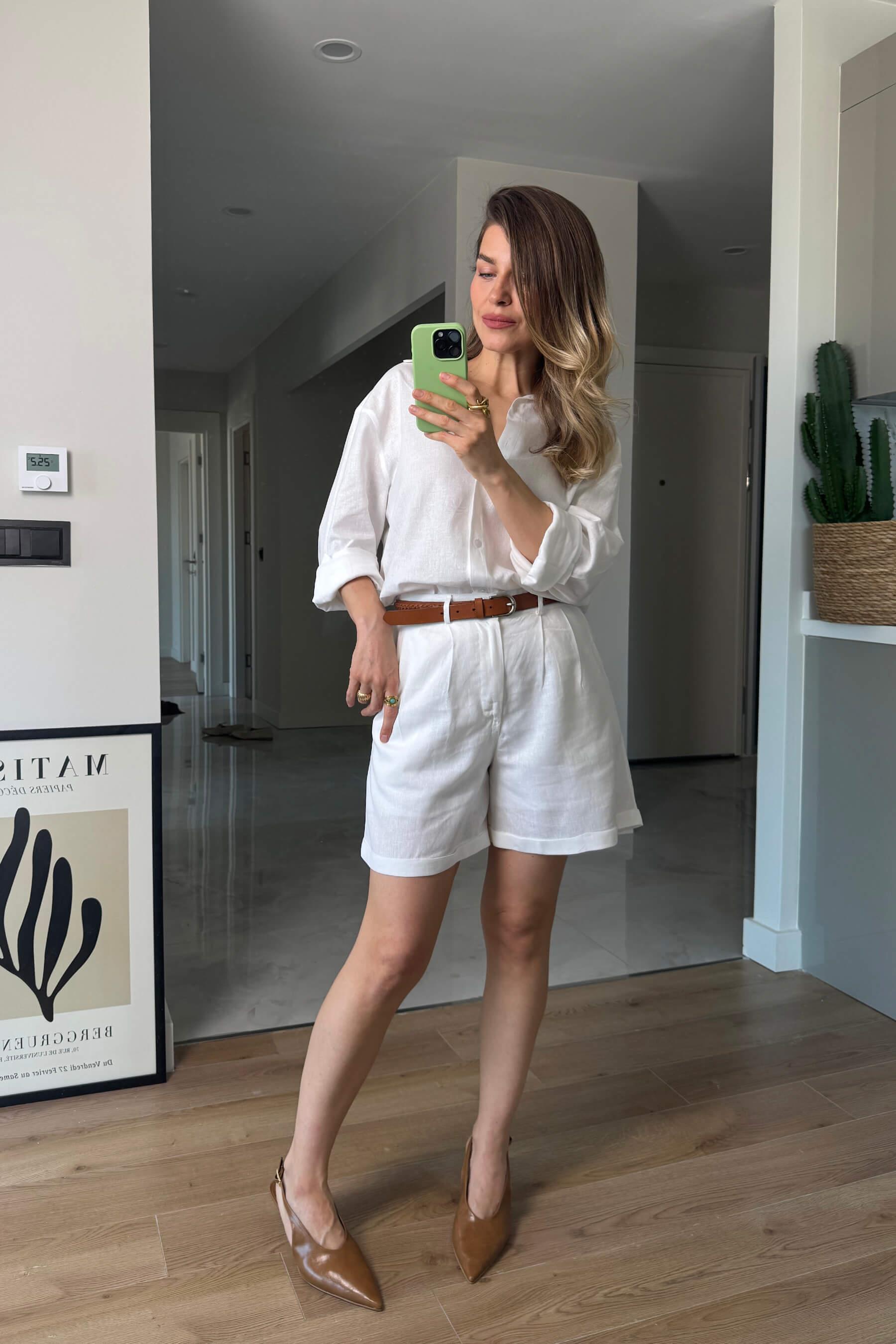 Beyaz Premium Kuşaklı Keten Şort