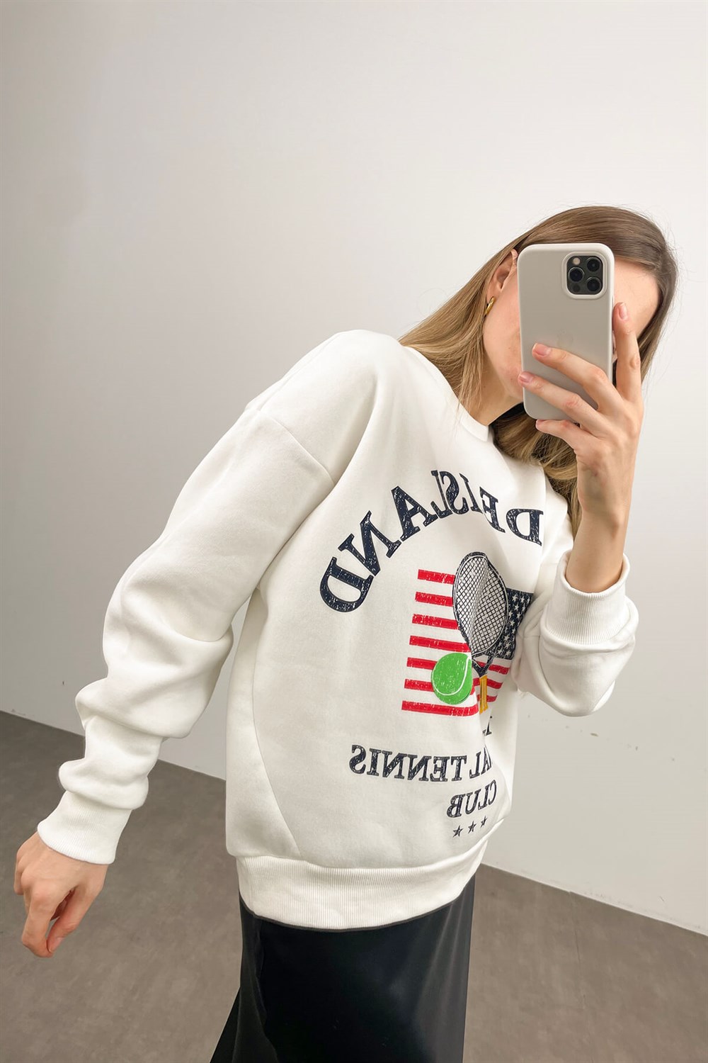 Beyaz Rhode İsland Baskılı Sweatshirt