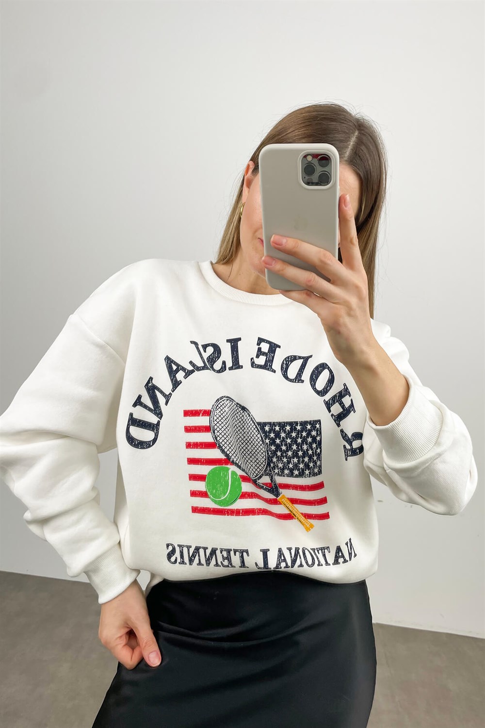 Beyaz Rhode İsland Baskılı Sweatshirt