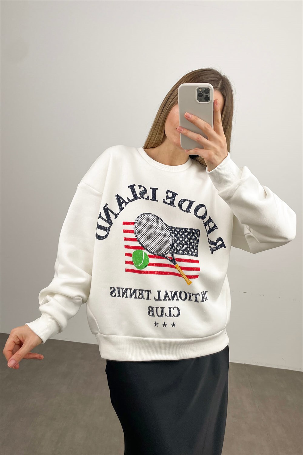 Beyaz Rhode İsland Baskılı Sweatshirt