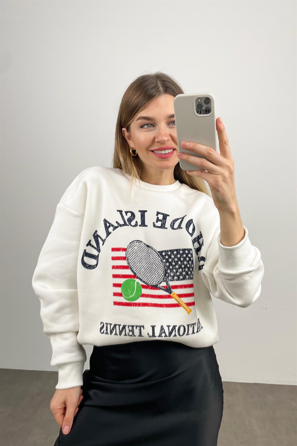 Beyaz Rhode İsland Baskılı Sweatshirt