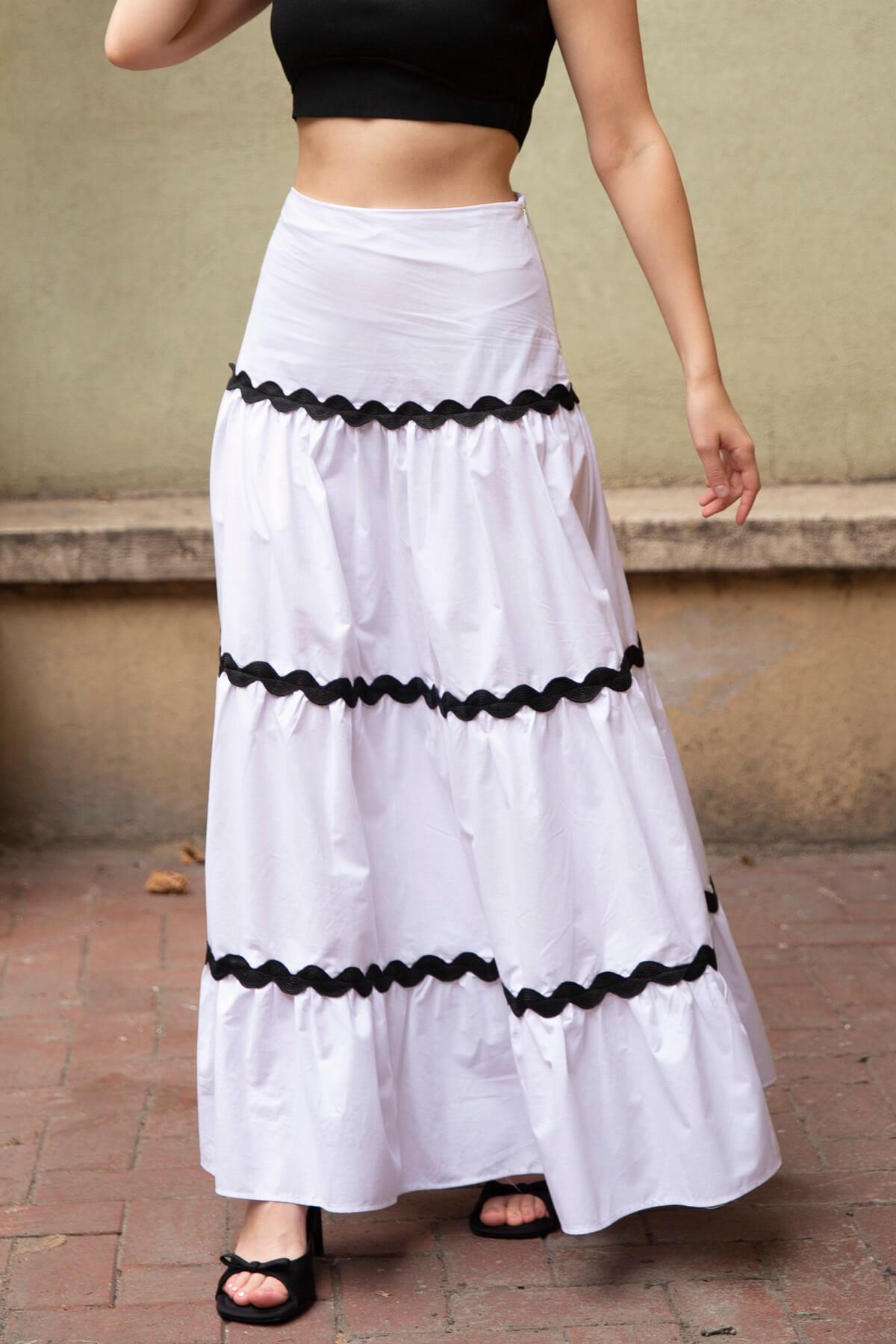 Beyaz Siyah Dalgalı Poplin Etek