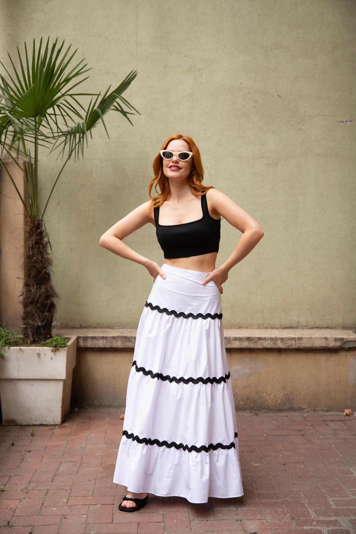 Beyaz Siyah Dalgalı Poplin Etek