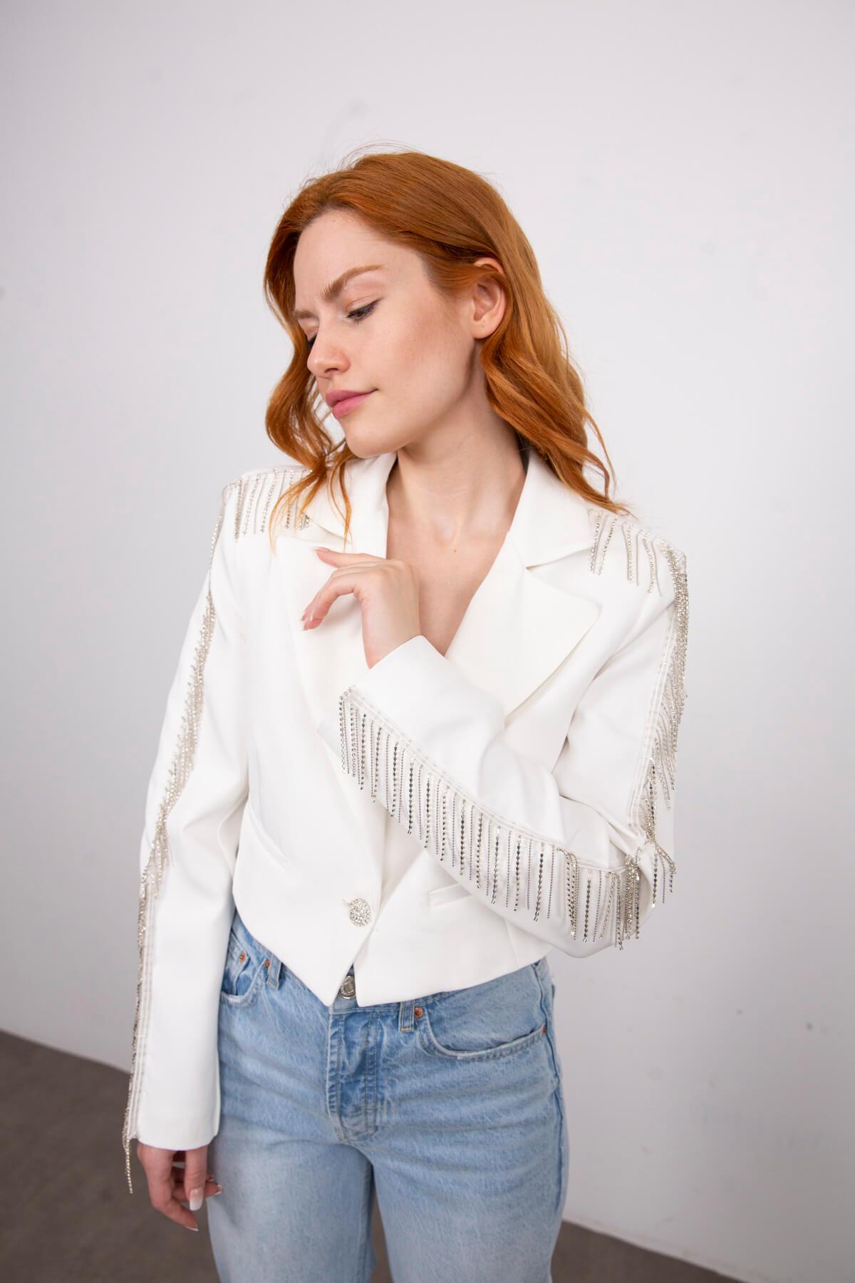 Beyaz Taş Detaylı Astarlı Crop Blazer Ceket