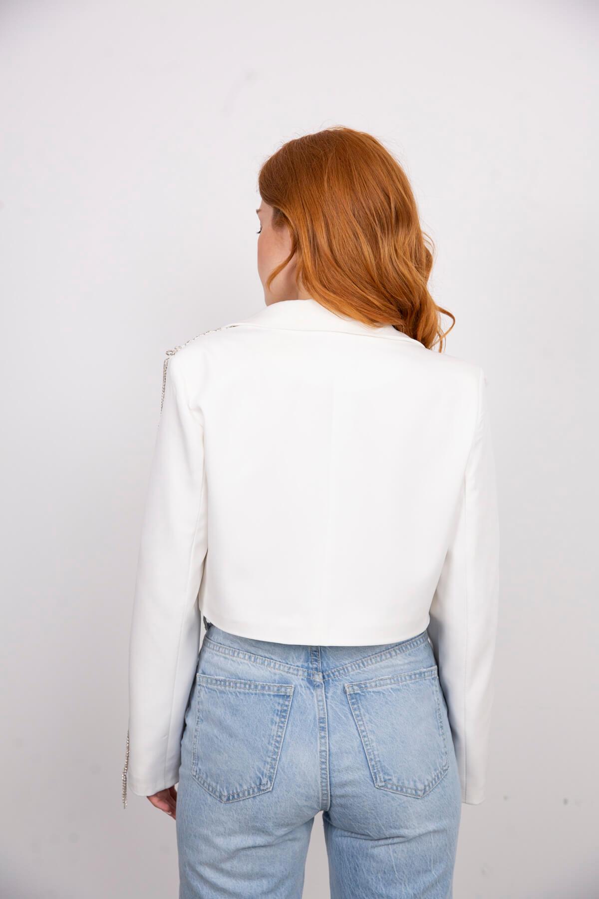 Beyaz Taş Detaylı Astarlı Crop Blazer Ceket