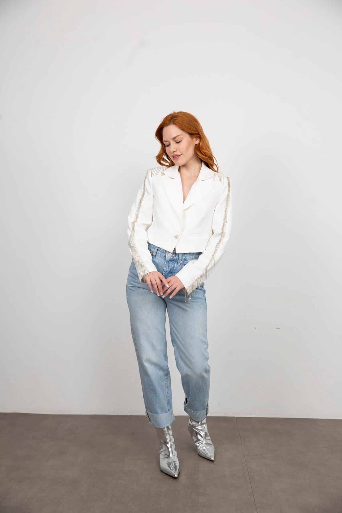 Beyaz Taş Detaylı Astarlı Crop Blazer Ceket