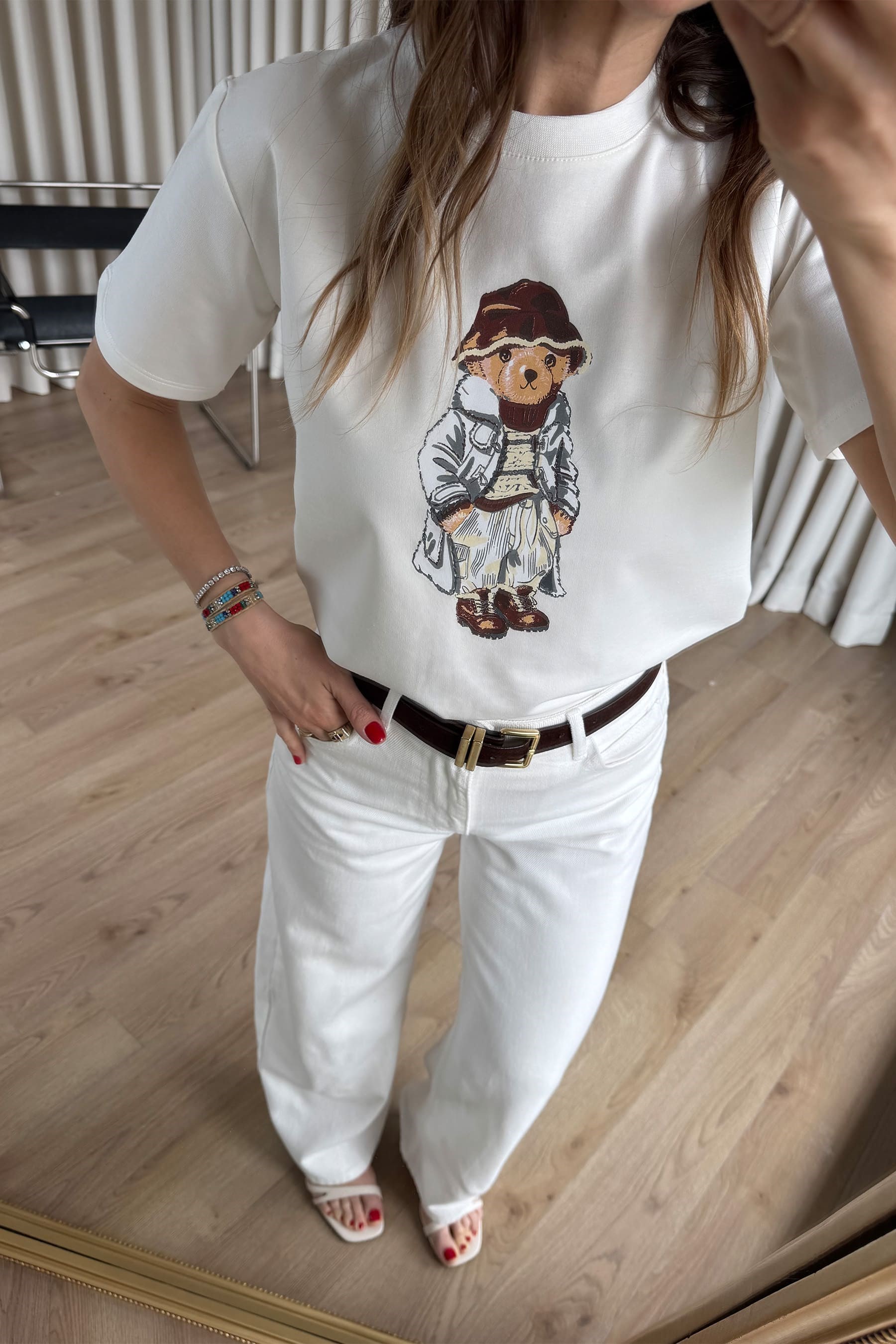 Beyaz Teddy Baskılı T-Shirt