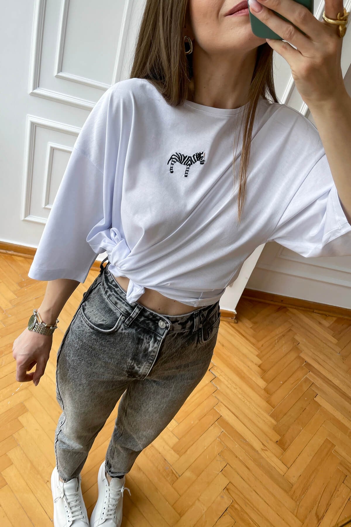 Beyaz Zebra Nakışlı T-Shirt