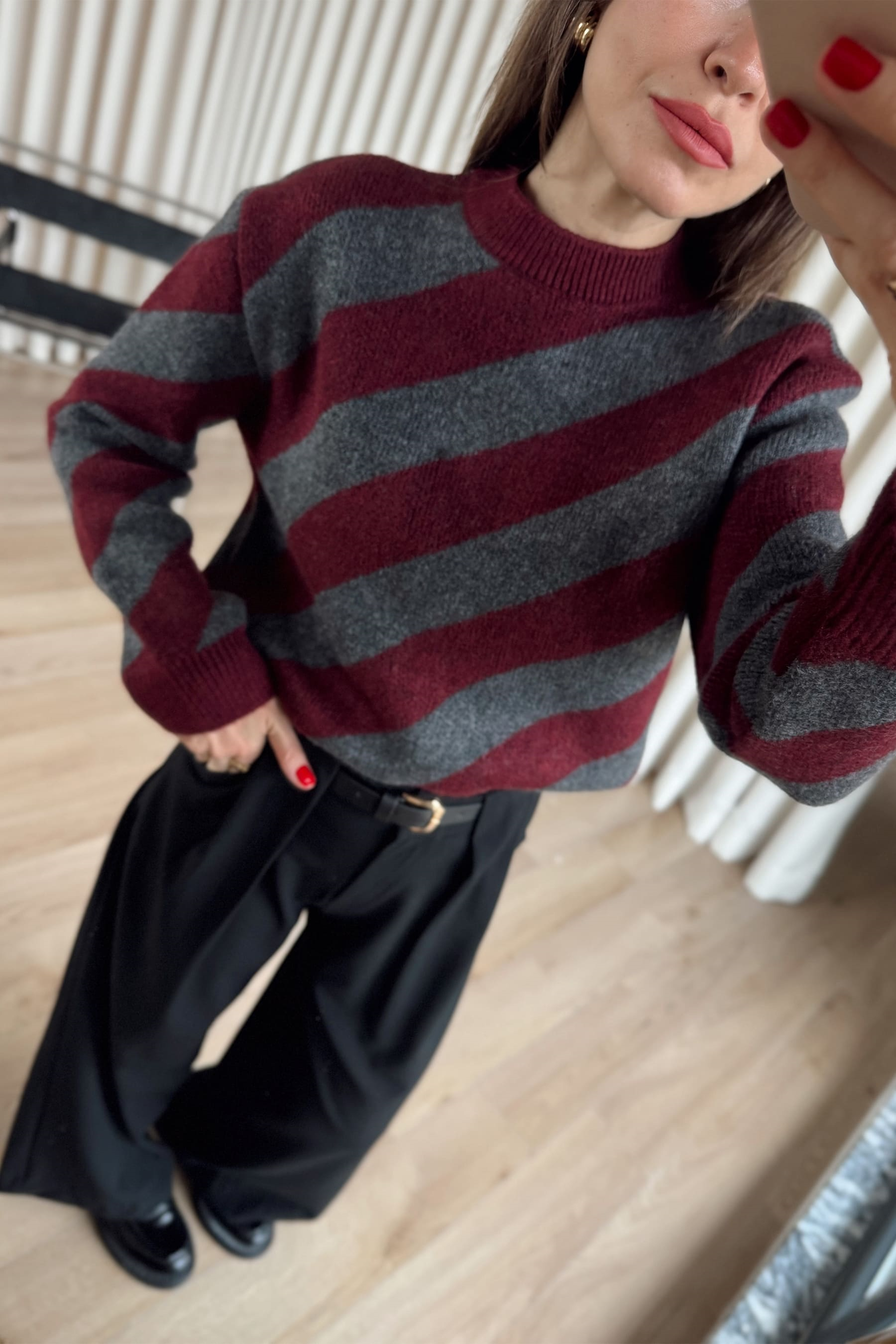 Bordo Antrasit Şeritli Atkılı Oversize Triko Kazak