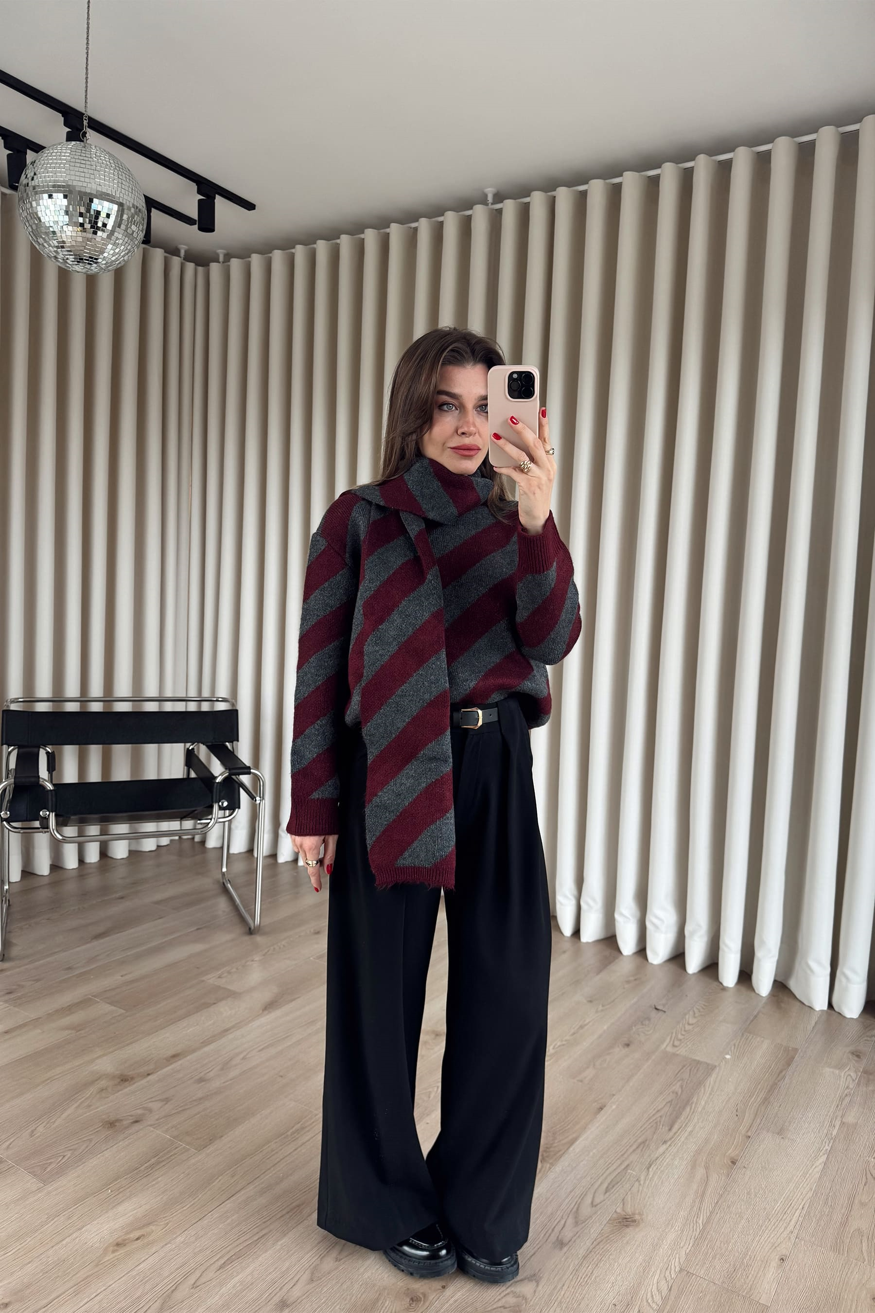 Bordo Antrasit Şeritli Atkılı Oversize Triko Kazak