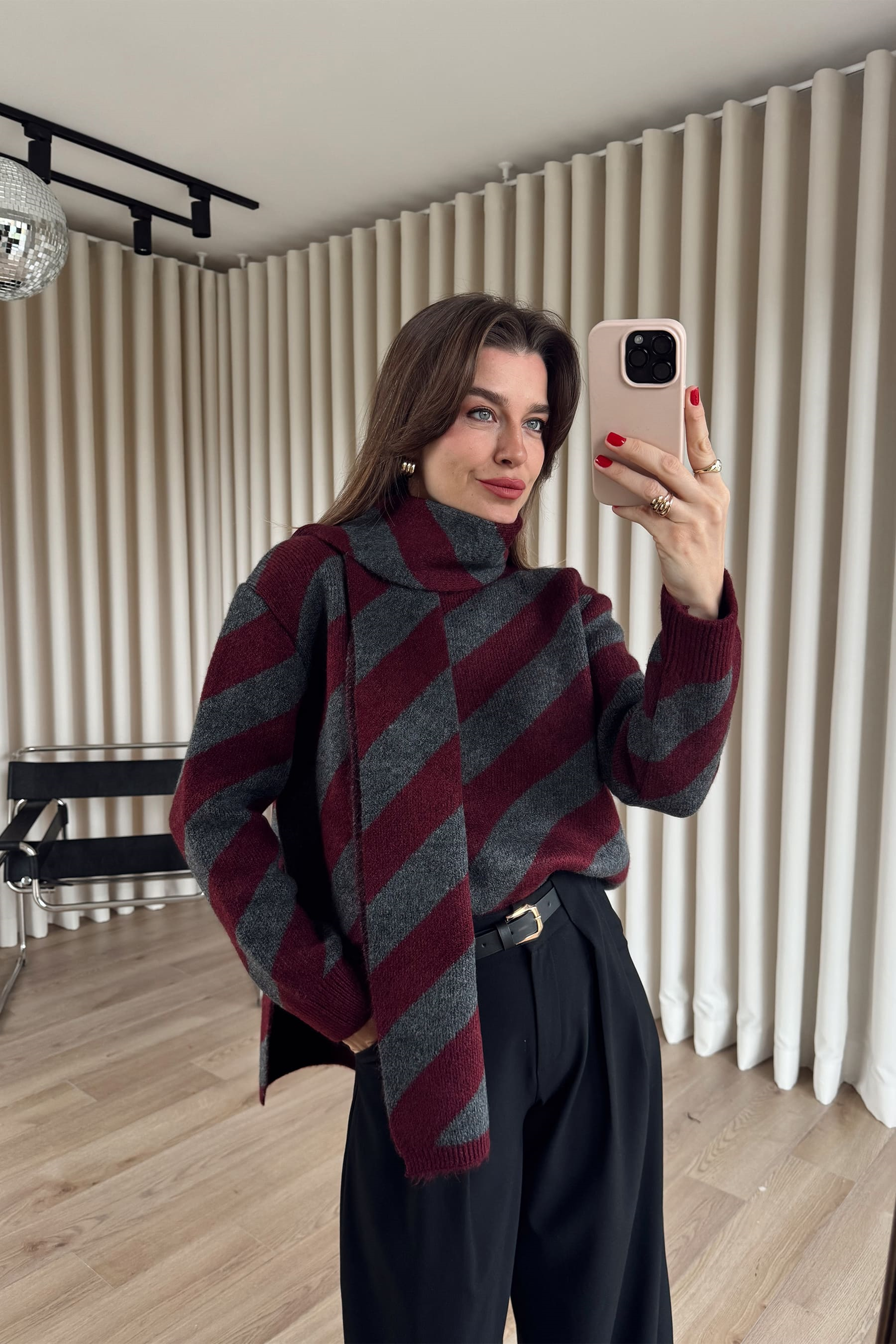 Bordo Antrasit Şeritli Atkılı Oversize Triko Kazak