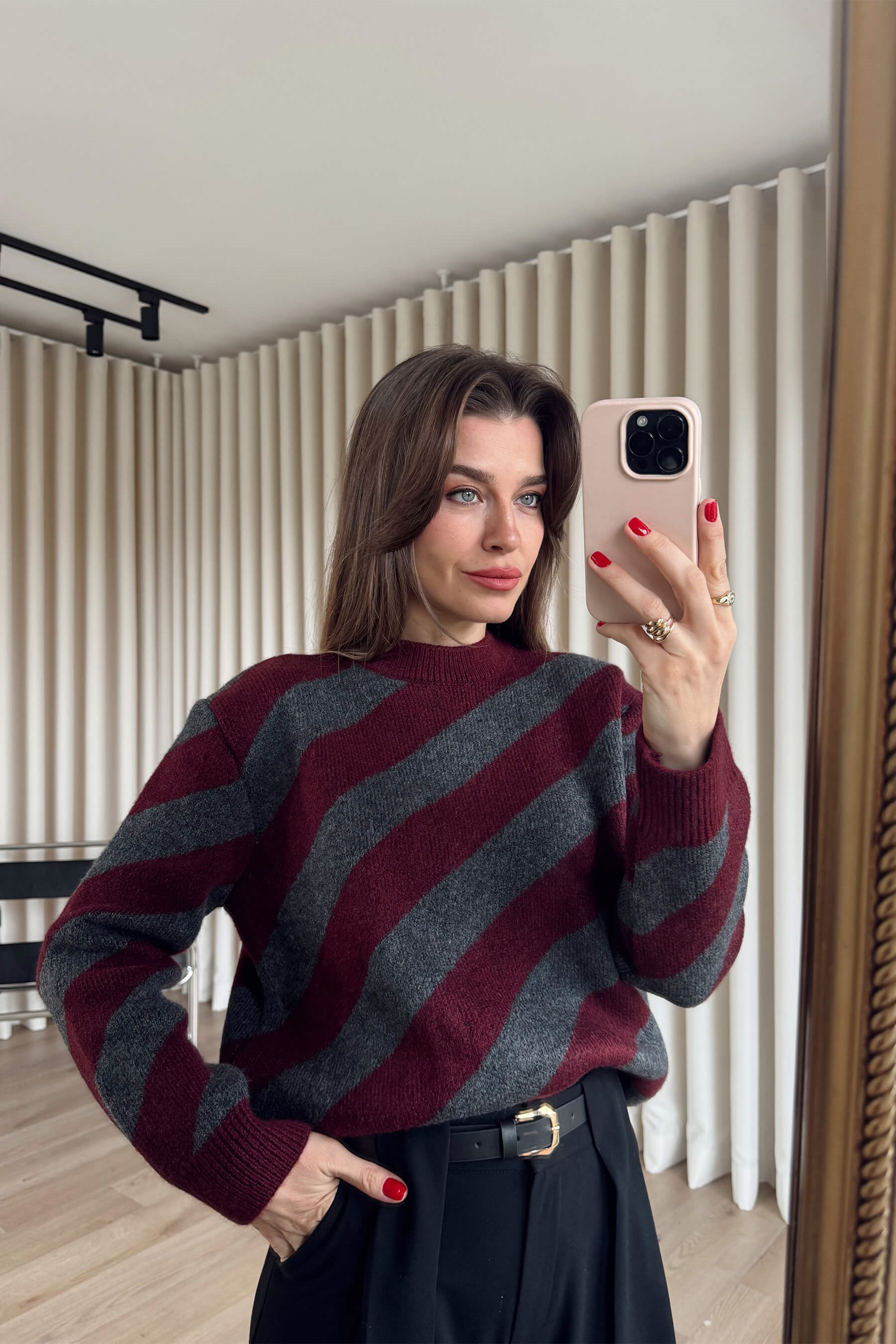 Bordo Antrasit Şeritli Atkılı Oversize Triko Kazak