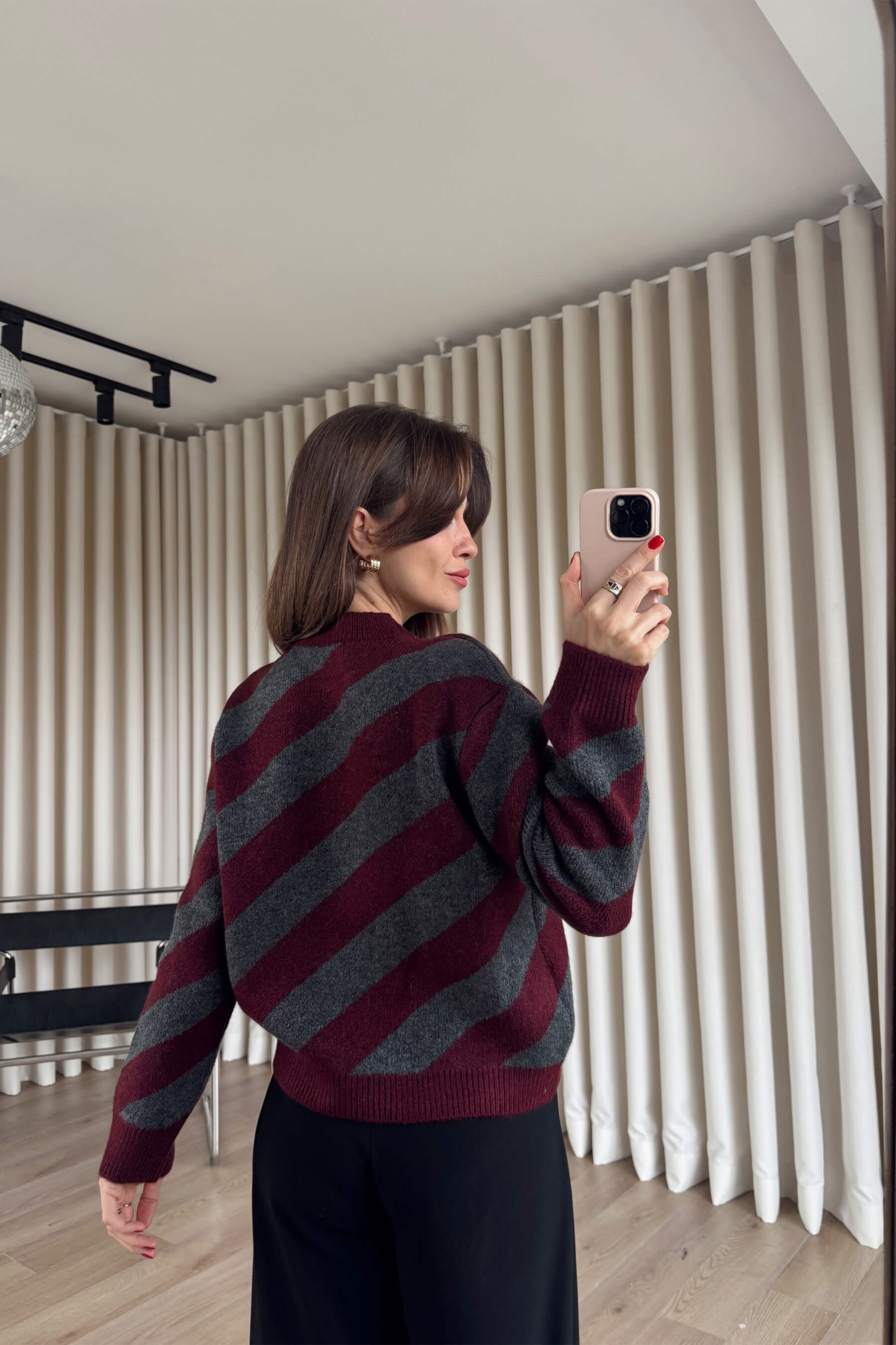 Bordo Antrasit Şeritli Atkılı Oversize Triko Kazak