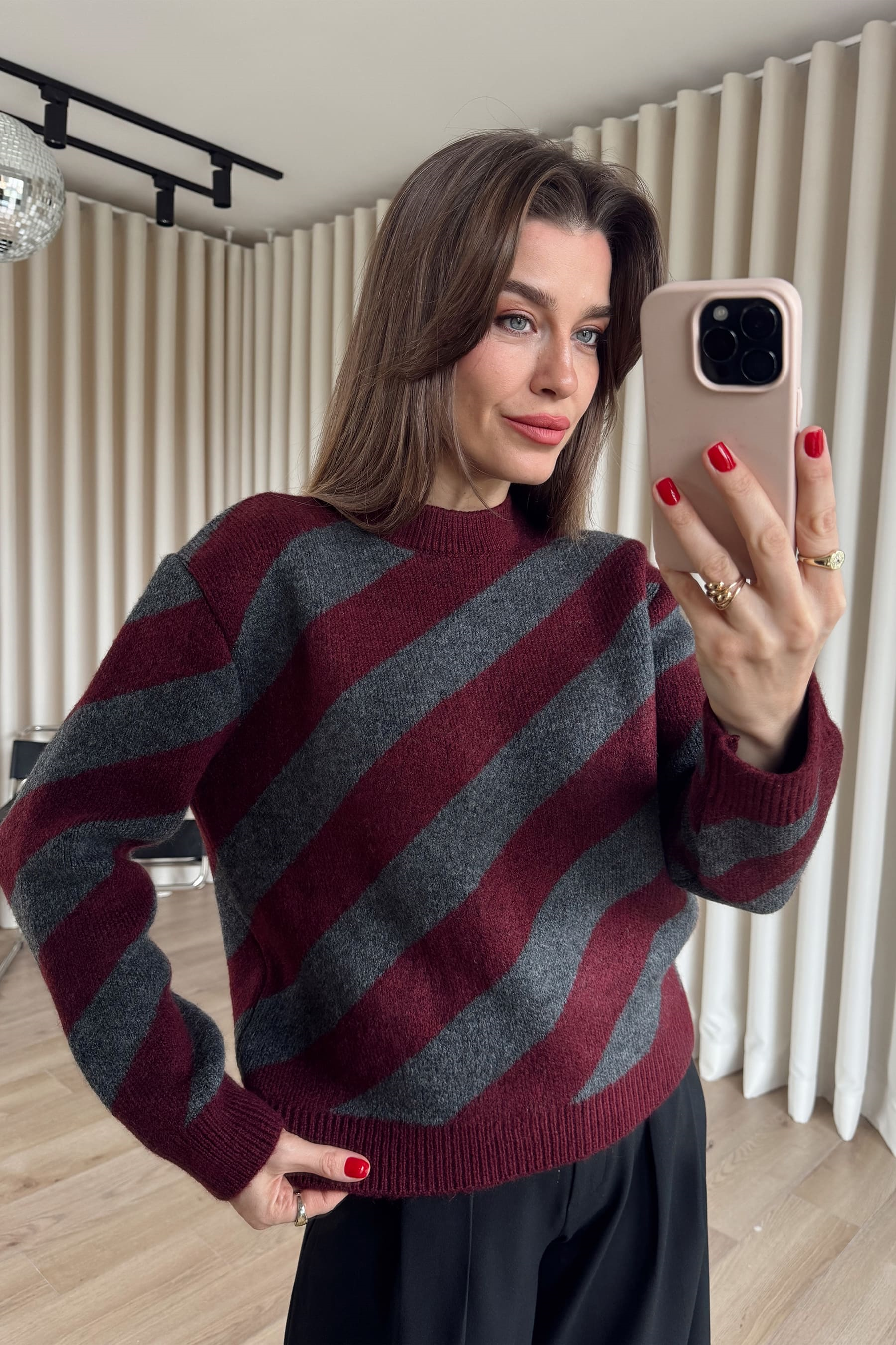 Bordo Antrasit Şeritli Atkılı Oversize Triko Kazak