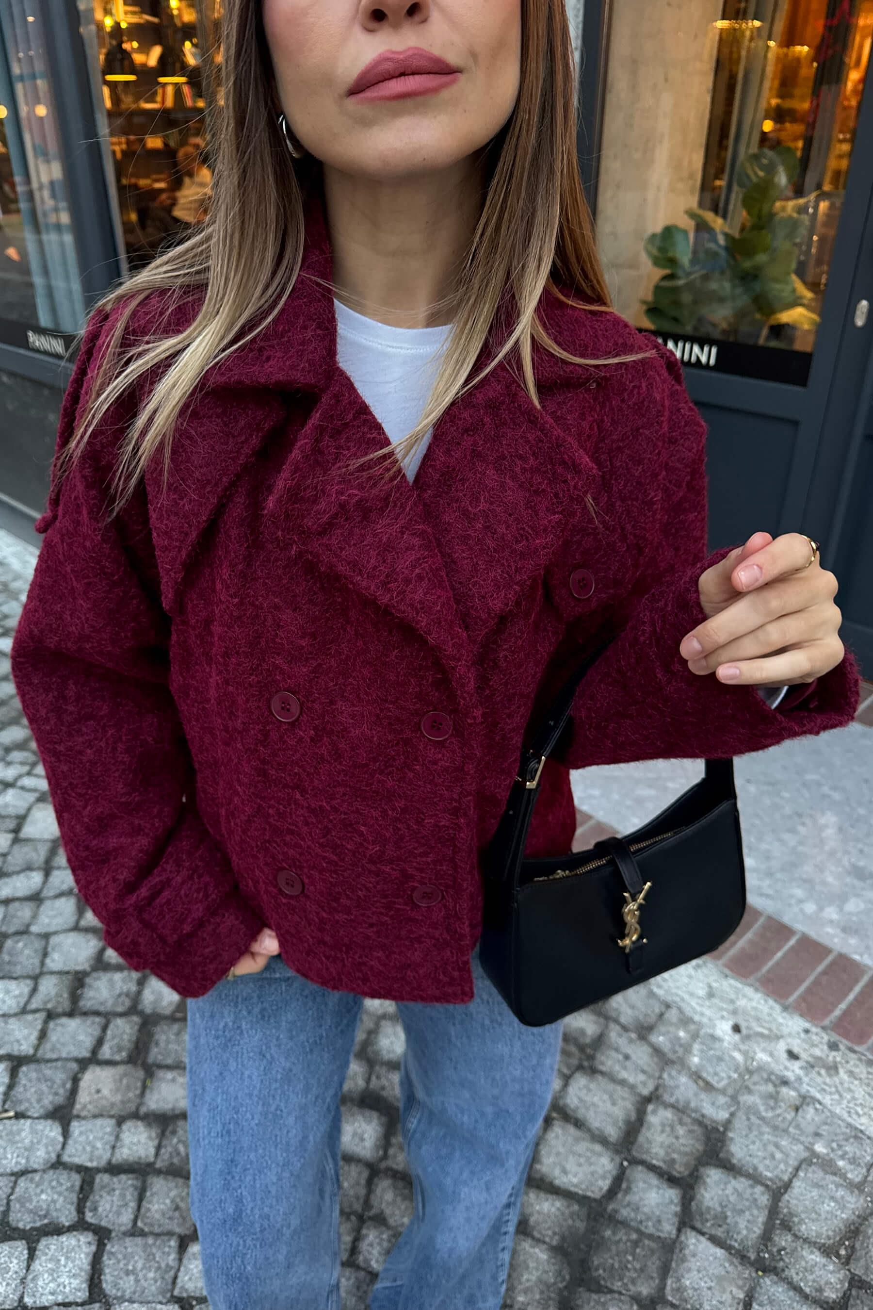 Bordo Apoletli Cep Detay Astarlı Yünlü Mont