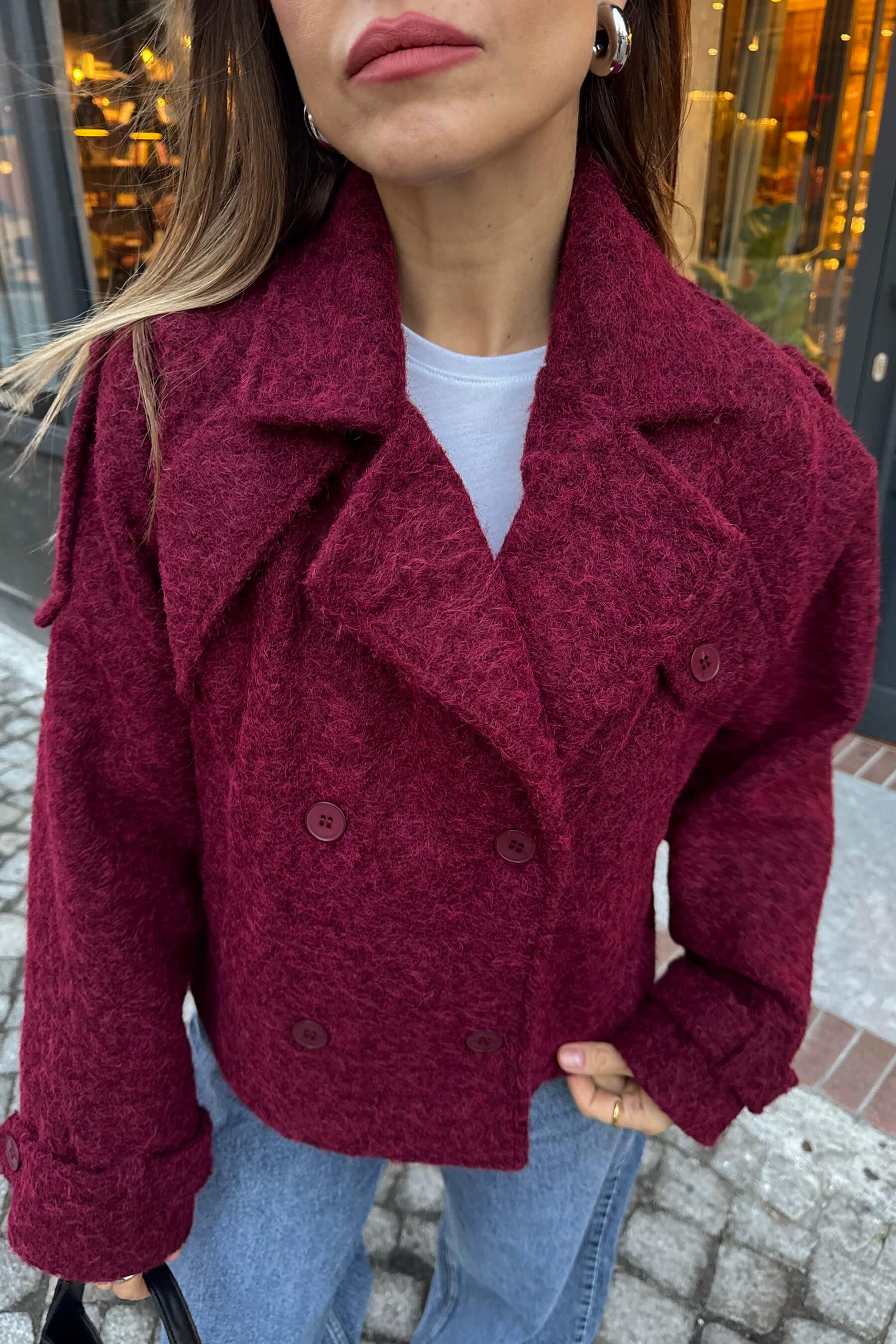 Bordo Apoletli Cep Detay Astarlı Yünlü Mont