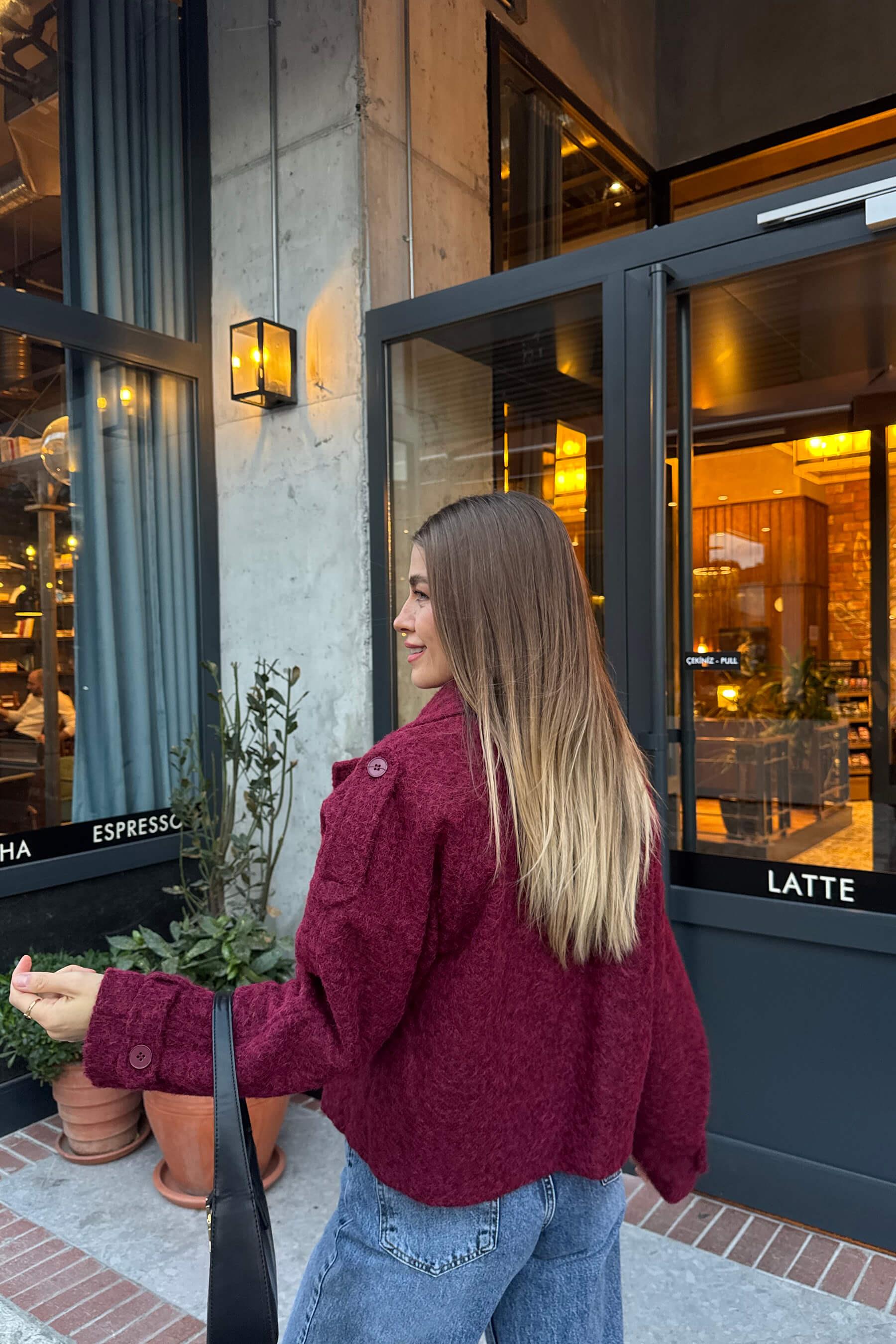 Bordo Apoletli Cep Detay Astarlı Yünlü Mont