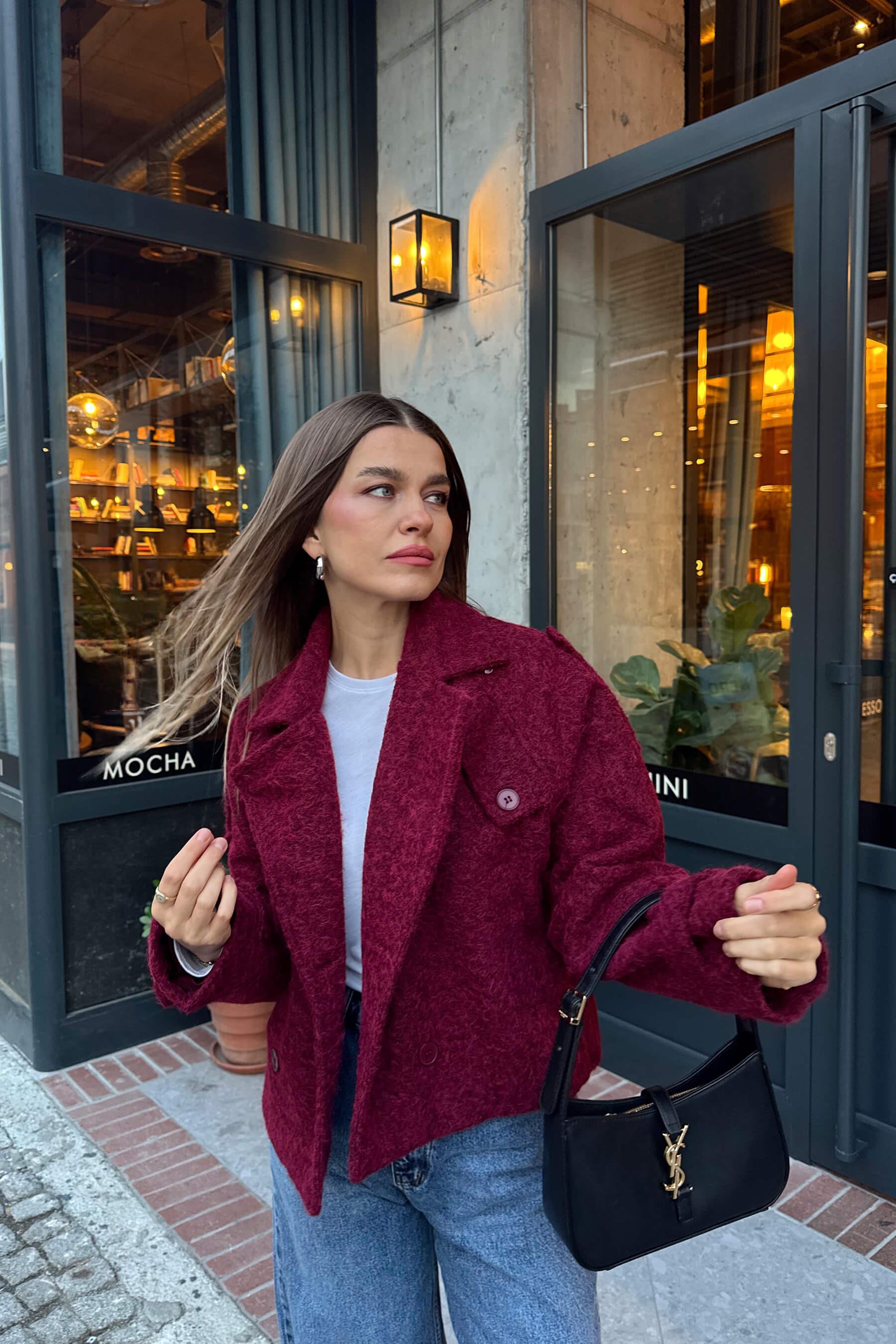 Bordo Apoletli Cep Detay Astarlı Yünlü Mont