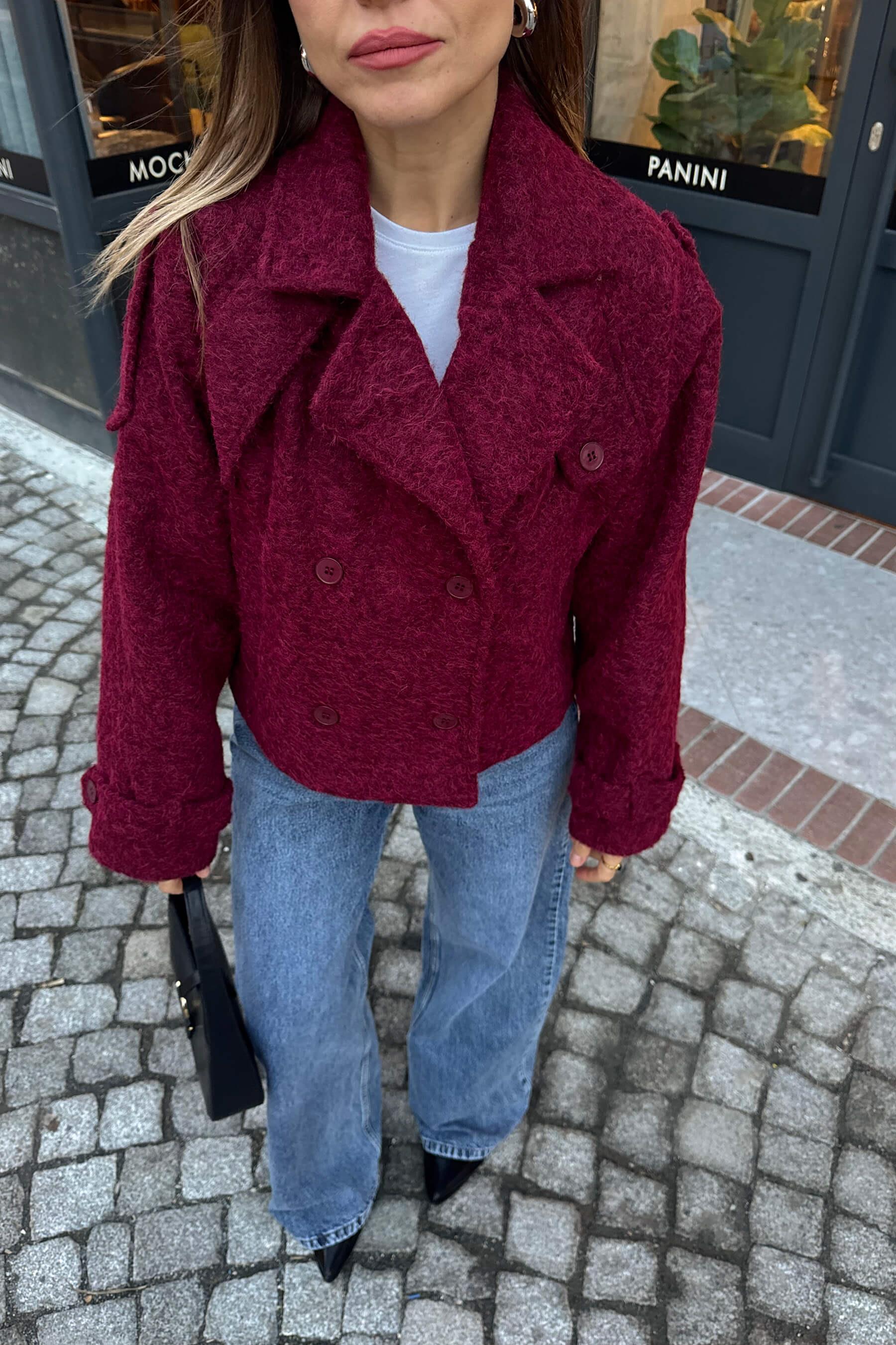 Bordo Apoletli Cep Detay Astarlı Yünlü Mont