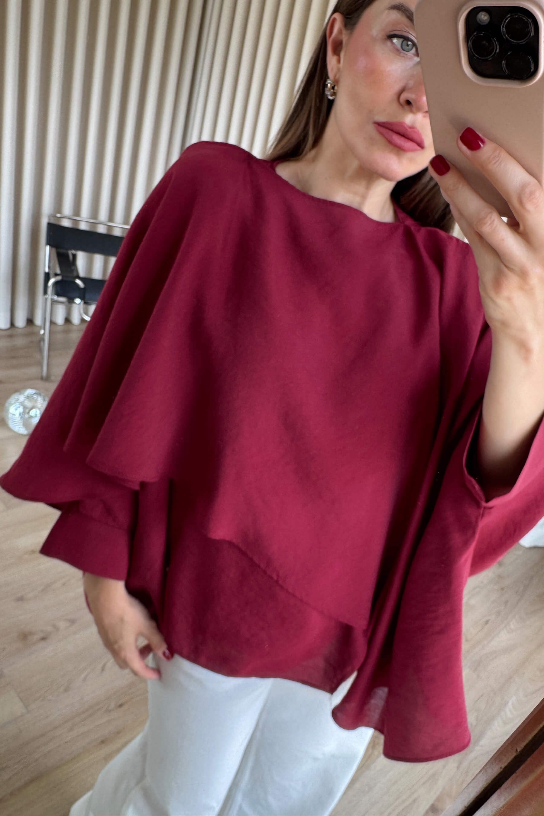 Bordo Asimetrik Kesim Şallı Oversize Premium Bluz